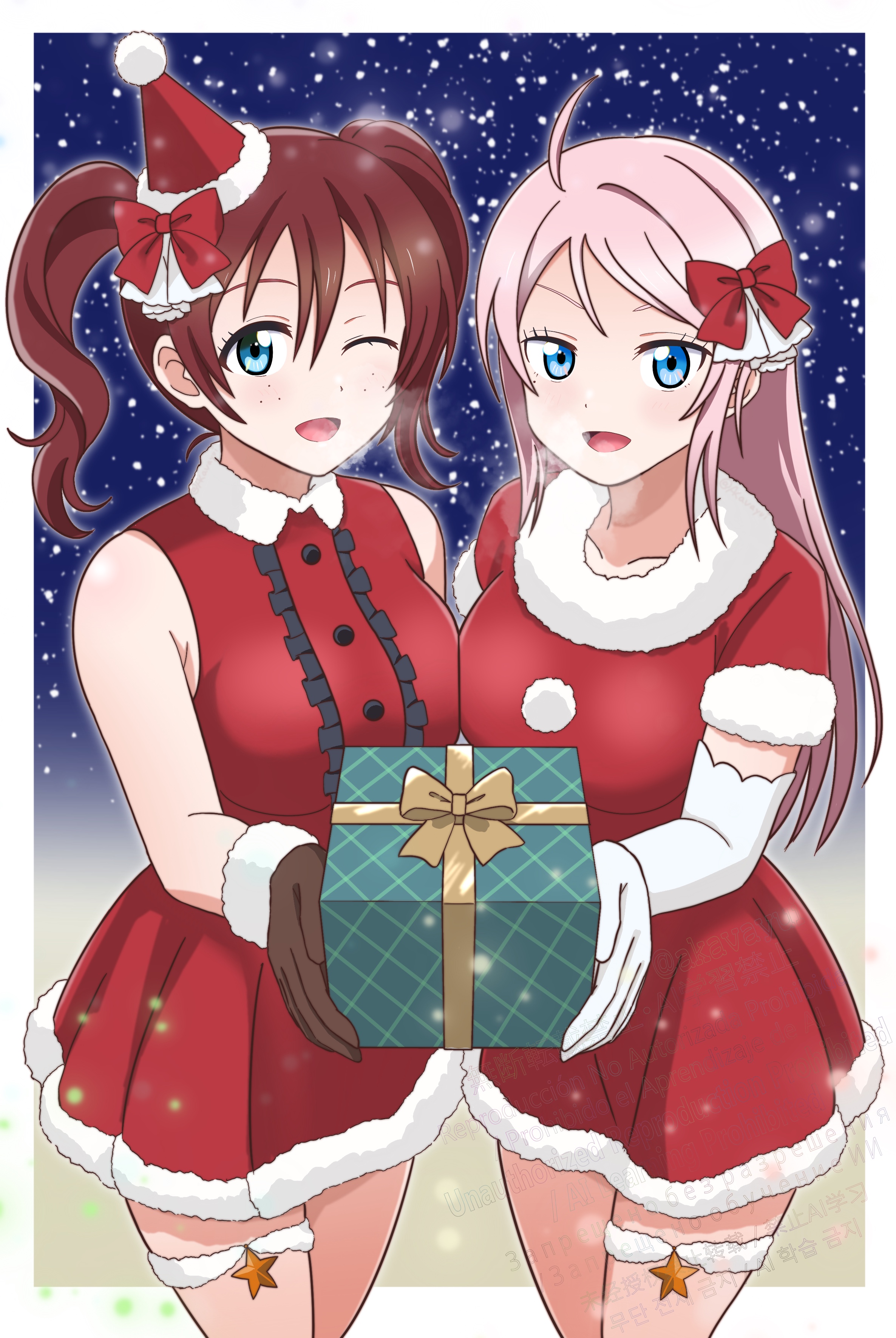 akavayui, emma verde, zhong lanzhu, love live!, love live! nijigasaki high school idol club, absurdres, commentary request, highres, 2girls, alternate hairstyle, black gloves, blue eyes, christmas, dress, elbow gloves, feet out of frame, freckles, gloves, hat, long hair, long sleeves, looking at viewer, multiple girls, night, one eye closed, open mouth, outdoors, pink hair, red hair, santa costume, santa dress, santa hat, smile, snowing, standing, twintails, white gloves