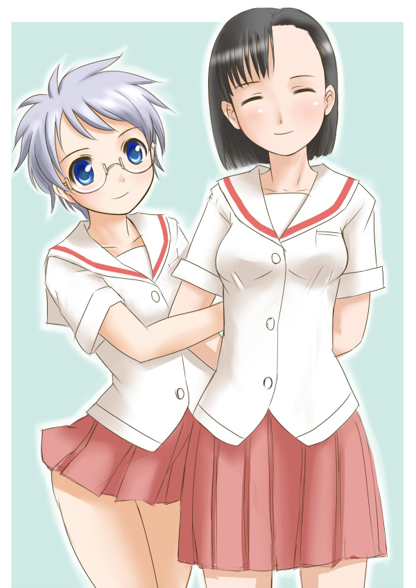 bundou seika, yoshitome miharu, saki (manga), silver hair, 00s, 2girls, ^ ^, arms behind back, black hair, blue background, blue eyes, closed eyes, cowboy shot, glasses, looking at viewer, multiple girls, rimless eyewear, school uniform, short hair, simple background, standing