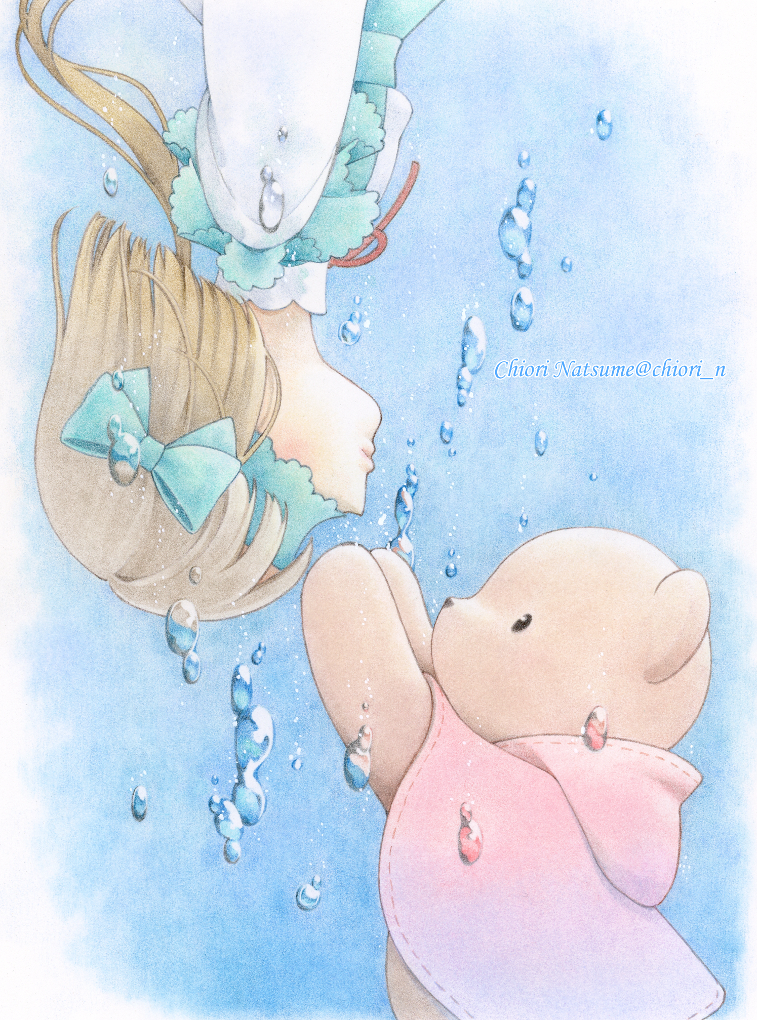 chiori n, original, colored pencil (medium), commentary request, highres, traditional media, 1girl, blindfold, blush, brown hair, doll, dress, expressionless, long hair, profile, reaching, reaching towards another, rotational symmetry, stuffed animal, stuffed toy, teddy bear, twintails, water