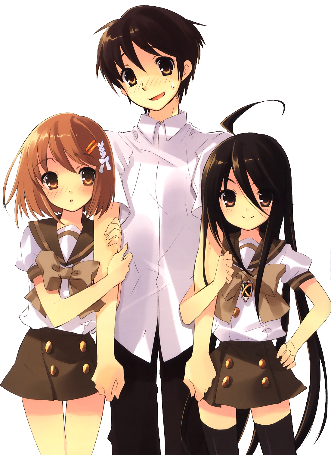 ito noizi, alastor (shakugan no shana), sakai yuuji, shana, yoshida kazumi, shakugan no shana, tall, highres, 00s, 1boy, 2girls, ahoge, height difference, jewelry, multiple girls, pendant, school uniform, thighhighs