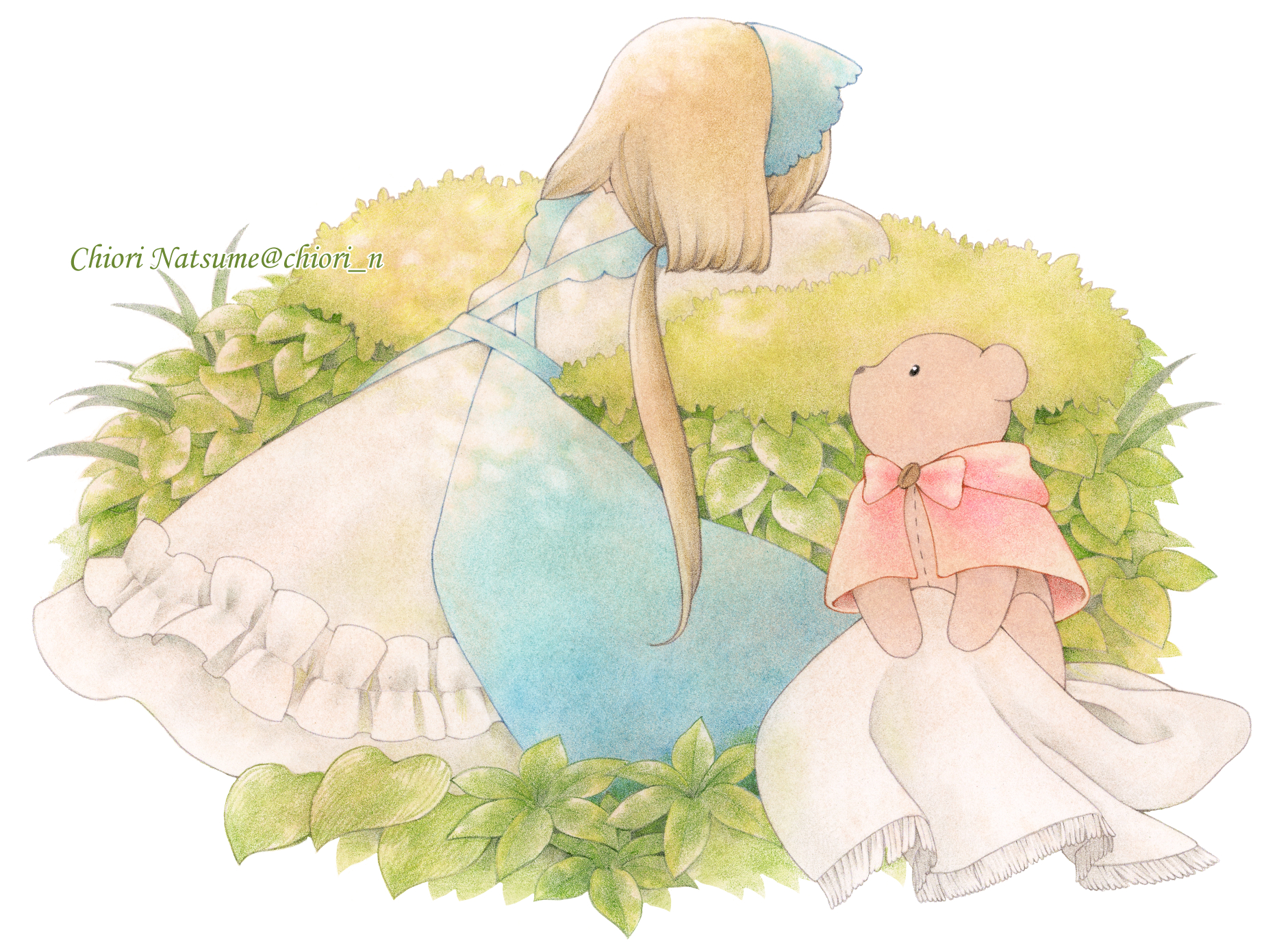 chiori n, original, colored pencil (medium), commentary request, highres, traditional media, 1girl, brown hair, doll, dress, facing away, head rest, long hair, low twintails, sitting, stuffed animal, stuffed toy, teddy bear, twintails