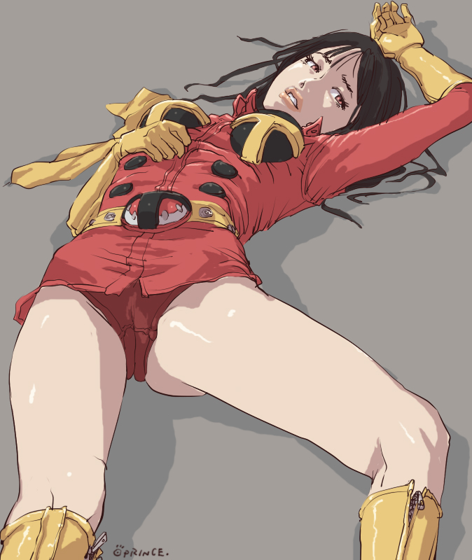 oprince, electro wave human tackle, kamen rider, kamen rider stronger (series), 1girl, belt, female focus, gloves, lying, scarf, solo, upskirt