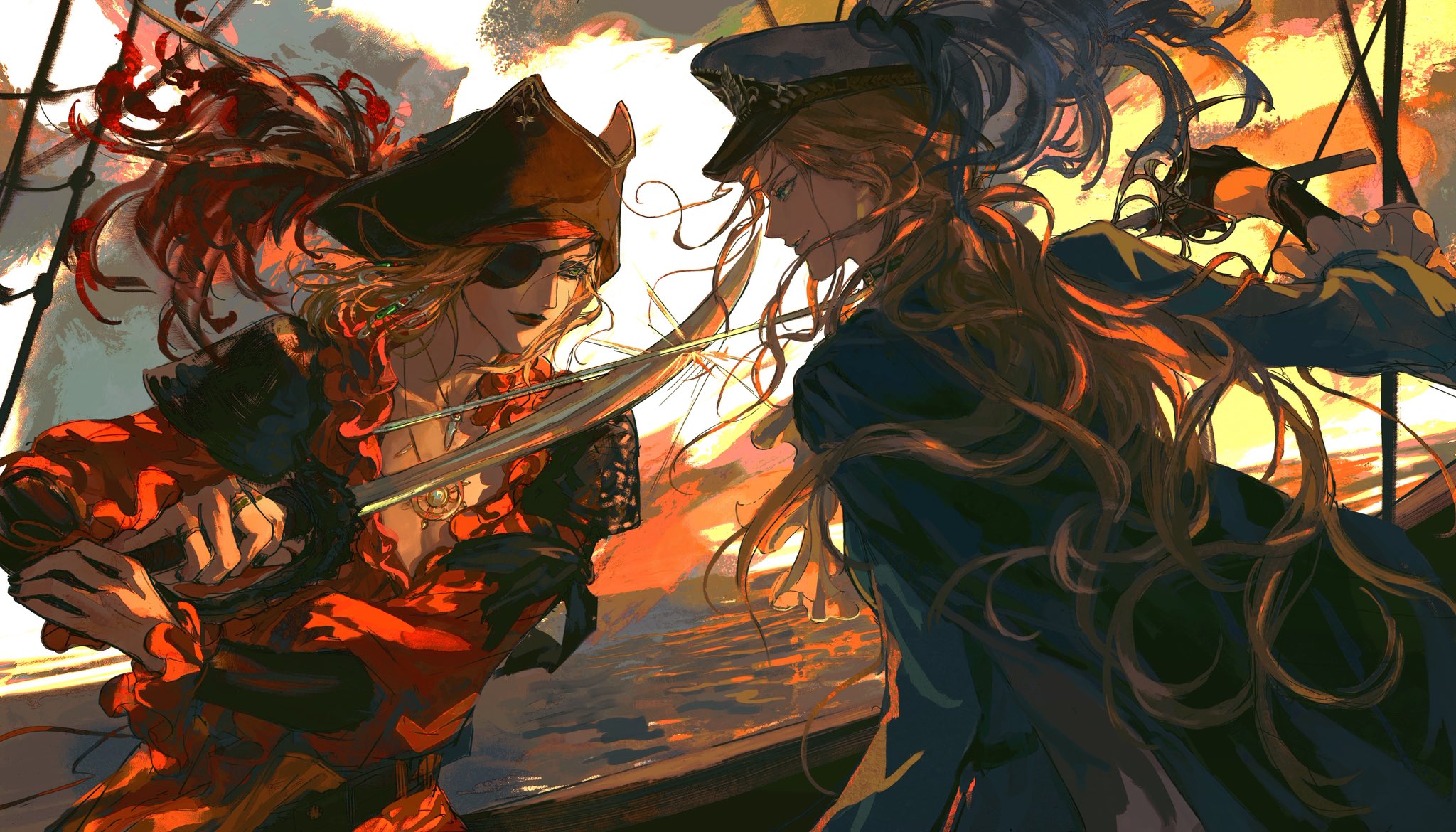 augustus (path to nowhere), langley (path to nowhere), path to nowhere, commentary request, highres, 2girls, czyw01, eyepatch, hat, holding, holding sword, holding weapon, multiple girls, ocean, pirate, pirate hat, sword, weapon
