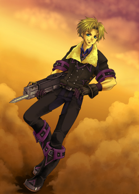 gachimatsu, shichi tsuji, chuck preston, wild arms, wild arms 5, fur, 1boy, blonde hair, blue eyes, boots, coat, coat fur, dust, gloves, male focus, solo, sunset, weapon