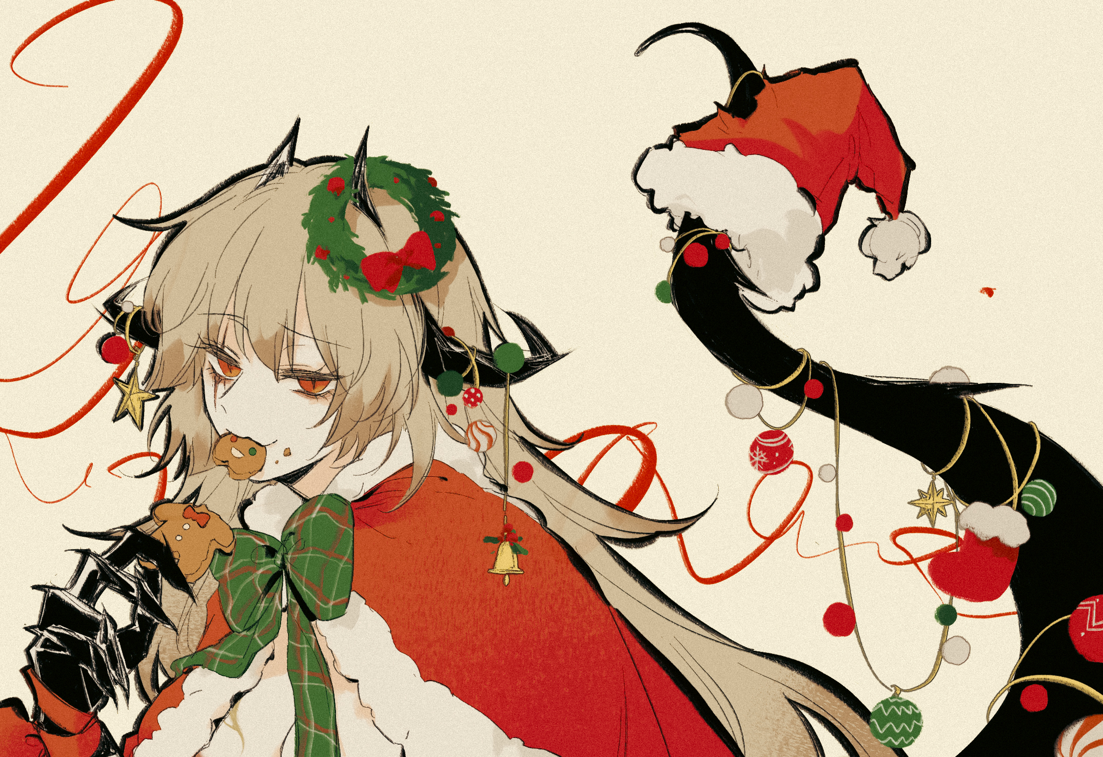 mitsukyou, synex (path to nowhere), path to nowhere, highres, 1girl, blonde hair, cape, cookie, dragon horns, dragon tail, eating, food, hat, holding, holding cookie, holding food, horns, looking at viewer, santa hat, slit pupils, solo, tail, upper body