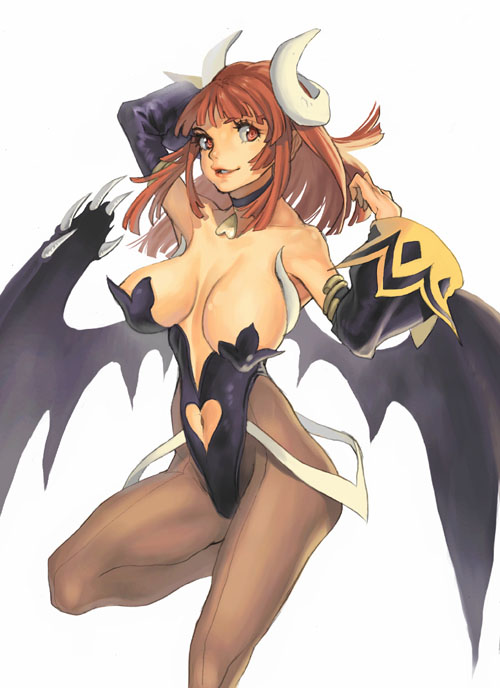 umadaisuki, maou prier, prier, la pucelle, nippon ichi, 1girl, arm behind head, arms up, bare shoulders, bat wings, breasts, choker, clothing cutout, covered erect nipples, demon girl, detached sleeves, female focus, heart cutout, horns, large breasts, leg up, pantyhose, parted lips, red eyes, red hair, revealing clothes, simple background, smile, solo, white background, wings