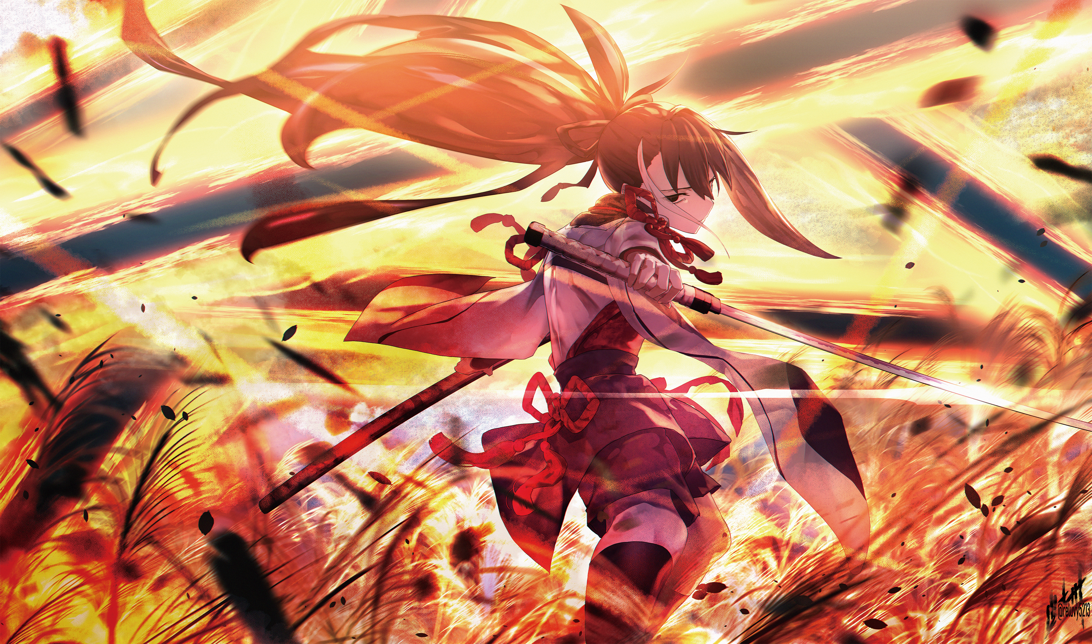 reluvy, kawakami gensai (fate), kawakami gensai (first ascension) (fate), fate/grand order, fate (series), absurdres, commentary request, highres, 1girl, black eyes, black hair, black scarf, field, haori, holding, holding sheath, holding sword, holding weapon, japanese clothes, long hair, long sleeves, looking at viewer, multicolored hair, outdoors, ponytail, scarf, sheath, solo, streaked hair, sword, weapon, white hair, white haori