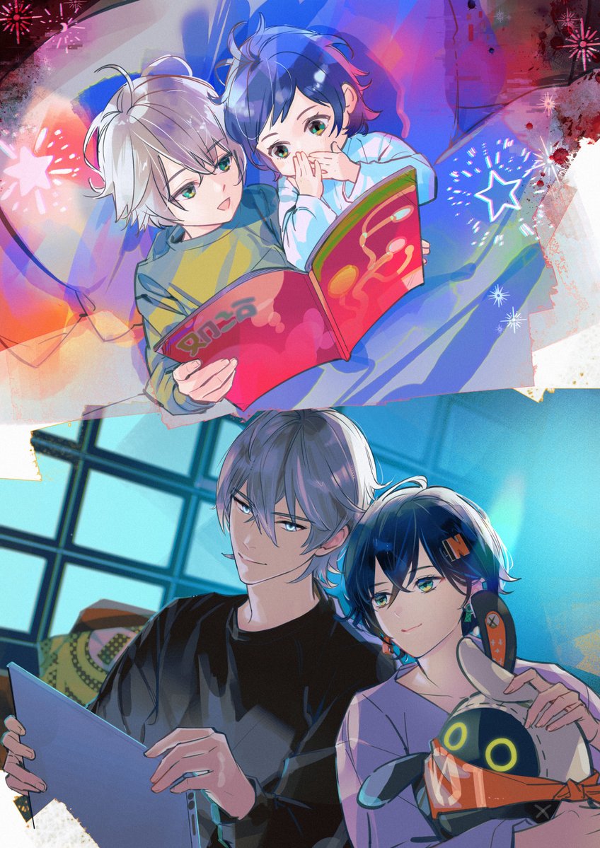 belle (zenless zone zero), eous (zenless zone zero), wise (zenless zone zero), zenless zone zero, commentary request, 1boy, 1girl, aged down, aqua eyes, black shirt, blanket, blue hair, book, closed mouth, earrings, grey hair, hair ornament, holding, holding book, jewelry, letter hair ornament, long sleeves, pillow, shirt, short hair, smile, takashina yuu