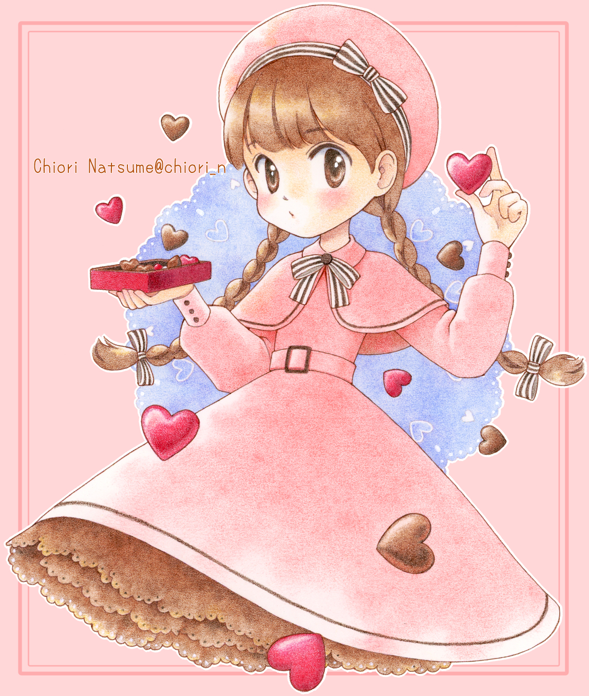 chiori n, original, colored pencil (medium), commentary, highres, traditional media, 1girl, blush, braid, brown eyes, brown hair, candy, chocolate, chocolate heart, dress, food, hat, heart, heart-shaped food, long hair, looking at viewer, pink dress, pink hat, solo, twin braids, valentine