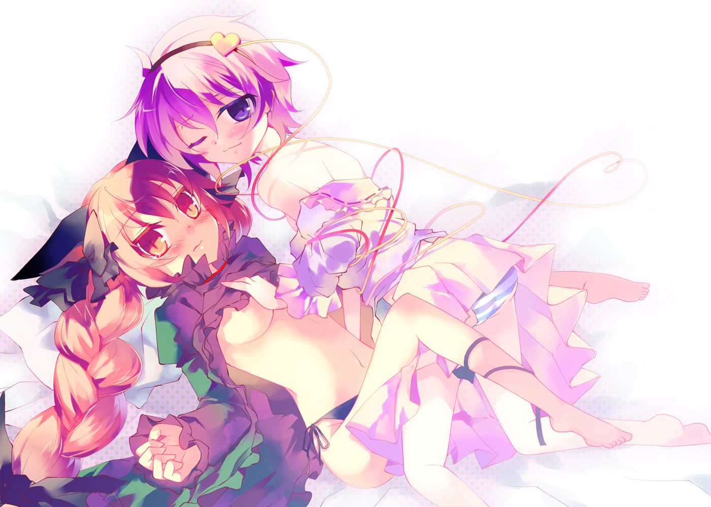 ayuka, natsuki yuu (amemizu), kaenbyou rin, komeiji satori, touhou, colorized, 2girls, animal ears, black panties, blue eyes, braid, breasts, cat ears, cat girl, female focus, hairband, heart, long hair, multiple girls, panties, purple hair, red eyes, red hair, short hair, side-tie panties, small breasts, striped clothes, striped panties, twin braids, twintails, underboob, underwear, yuri