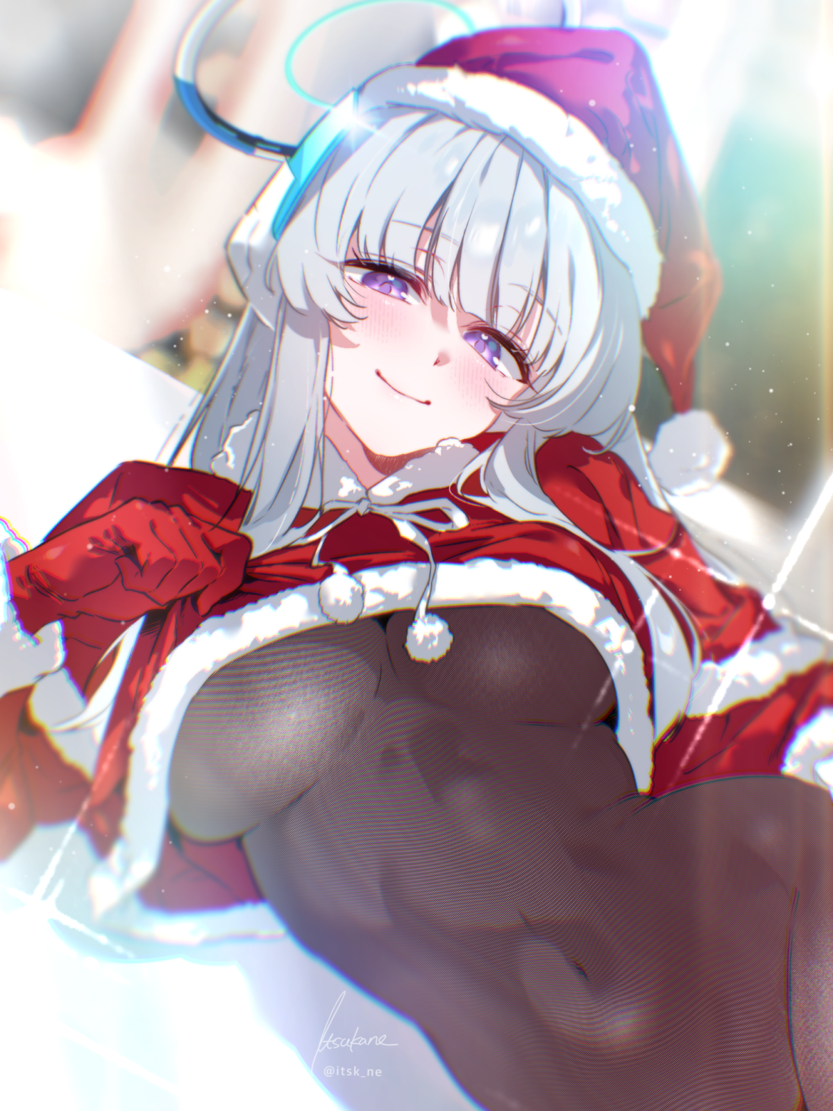itsk ne, noa (blue archive), blue archive, commentary, highres, 1girl, alternate costume, blunt bangs, blurry, blurry background, blush, bodystocking, breasts, brown bodystocking, capelet, covered navel, cropped shirt, diffraction spikes, fur-trimmed capelet, fur-trimmed headwear, fur-trimmed shirt, fur trim, gloves, grey hair, halo, hat, headgear, large breasts, looking at viewer, lying, on side, purple eyes, red capelet, red gloves, red hat, red shirt, santa costume, santa hat, shirt, signature, smile, solo, twitter username, underboob, upper body