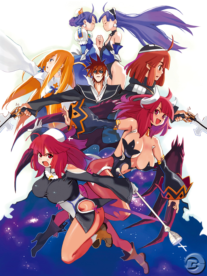 ryoji (nomura ryouji), alouette (la pucelle), croix raoul, culotte, dark eclair, eclair (la pucelle), maou prier, prier, la pucelle, la pucelle ragnarok, nippon ichi, official art, 1boy, 6+girls, bare shoulders, breasts, cleavage, demon girl, detached sleeves, dual persona, horns, huge breasts, multiple girls, navel, open mouth, pantyhose, red eyes, red hair, revealing clothes, smile, watermark, wings