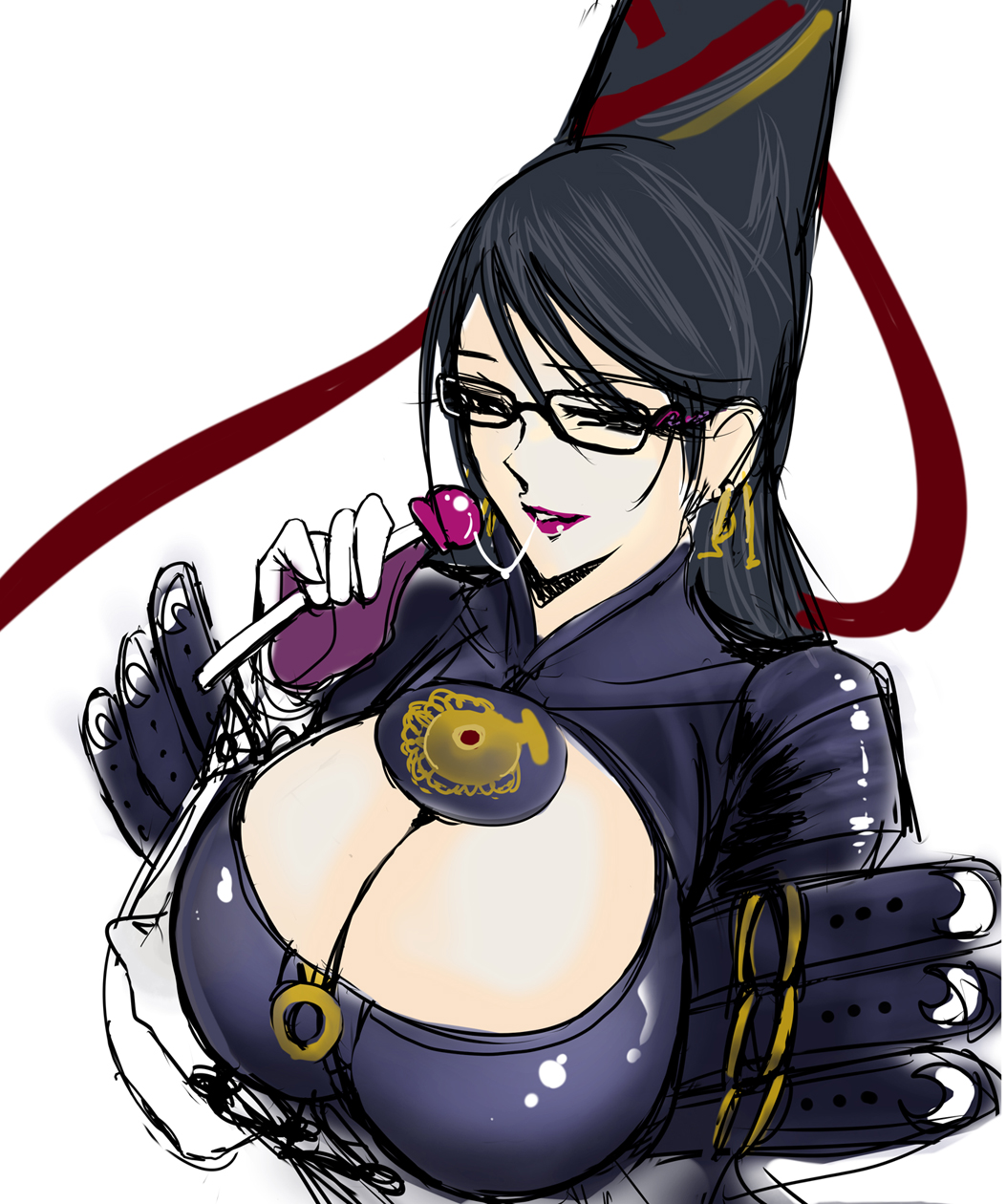 kawaraya a-ta, bayonetta, bayonetta (series), bayonetta 1, highres, 1girl, black hair, breasts, candy, cleavage, cleavage cutout, clothing cutout, earrings, female focus, food, glasses, huge breasts, jewelry, lipstick, lollipop, makeup, saliva, saliva trail, sketch, solo