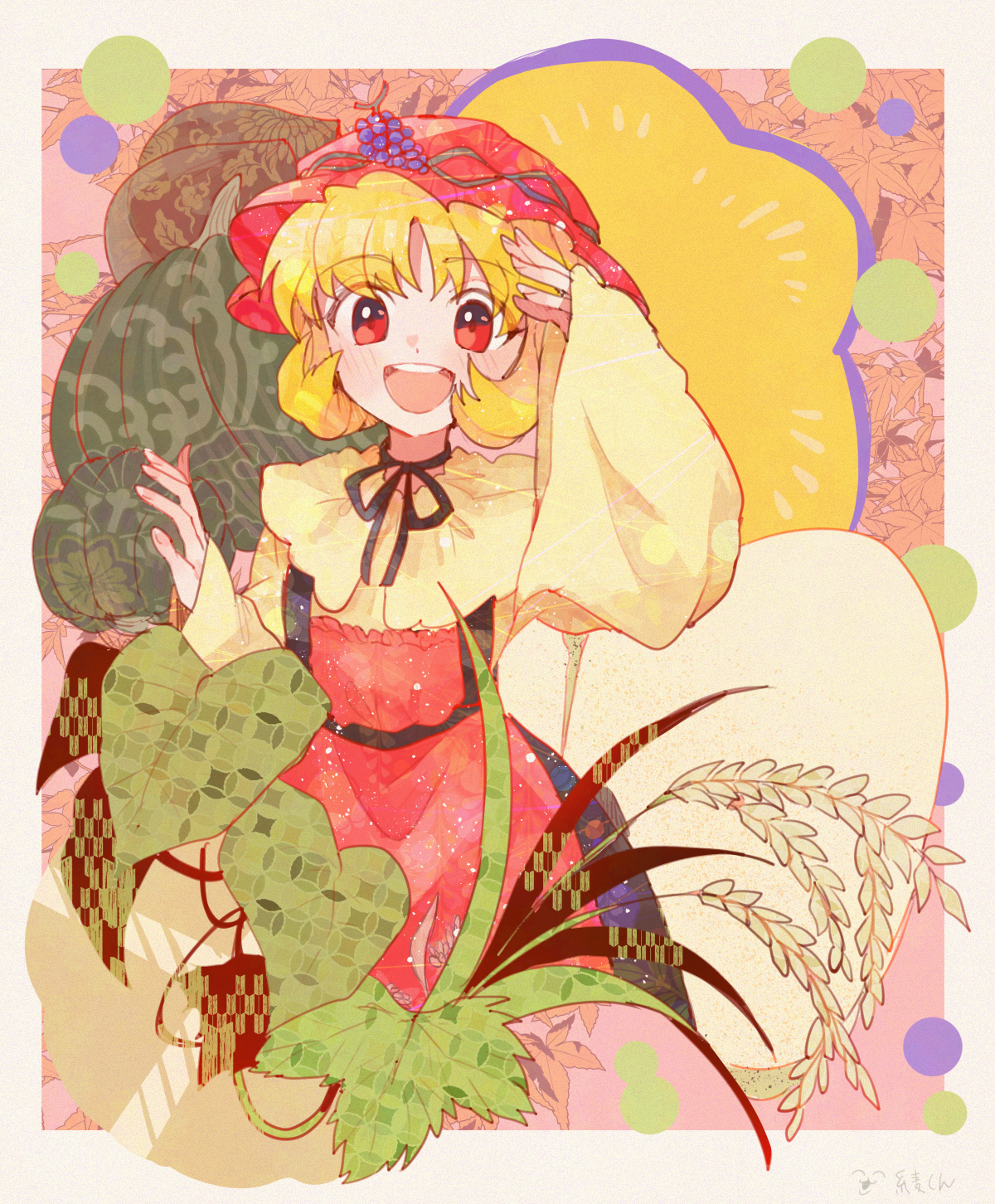 itomugi-kun, aki minoriko, touhou, commentary request, highres, 1girl, :d, apron, blonde hair, brown skirt, choker, hat, leaf, long sleeves, looking at viewer, mob cap, open mouth, orange apron, orange hat, pumpkin, red eyes, ribbon choker, shirt, short hair, signature, skirt, smile, solo, teeth, upper teeth only, wheat, white shirt, yellow shirt