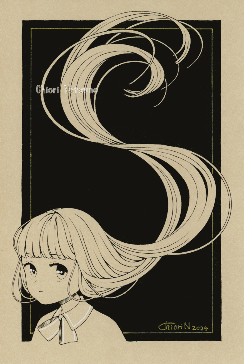 chiori n, original, commentary request, traditional media, 1girl, artist name, border, dated, floating hair, long hair, looking at viewer, monochrome, neck ribbon, ribbon, signature, simple background, solo, upper body, very long hair