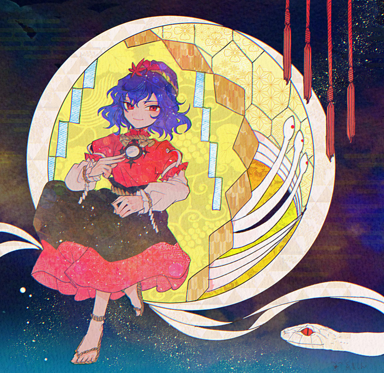 itomugi-kun, yasaka kanako, touhou, commentary request, highres, 1girl, black skirt, closed mouth, full body, ginkgo leaf, hair ornament, invisible chair, layered sleeves, leaf, leaf hair ornament, long sleeves, looking at viewer, maple leaf, purple hair, red shirt, red skirt, rope, sandals, shide, shirt, short hair, short over long sleeves, short sleeves, sitting, skirt, smile, snake, solo