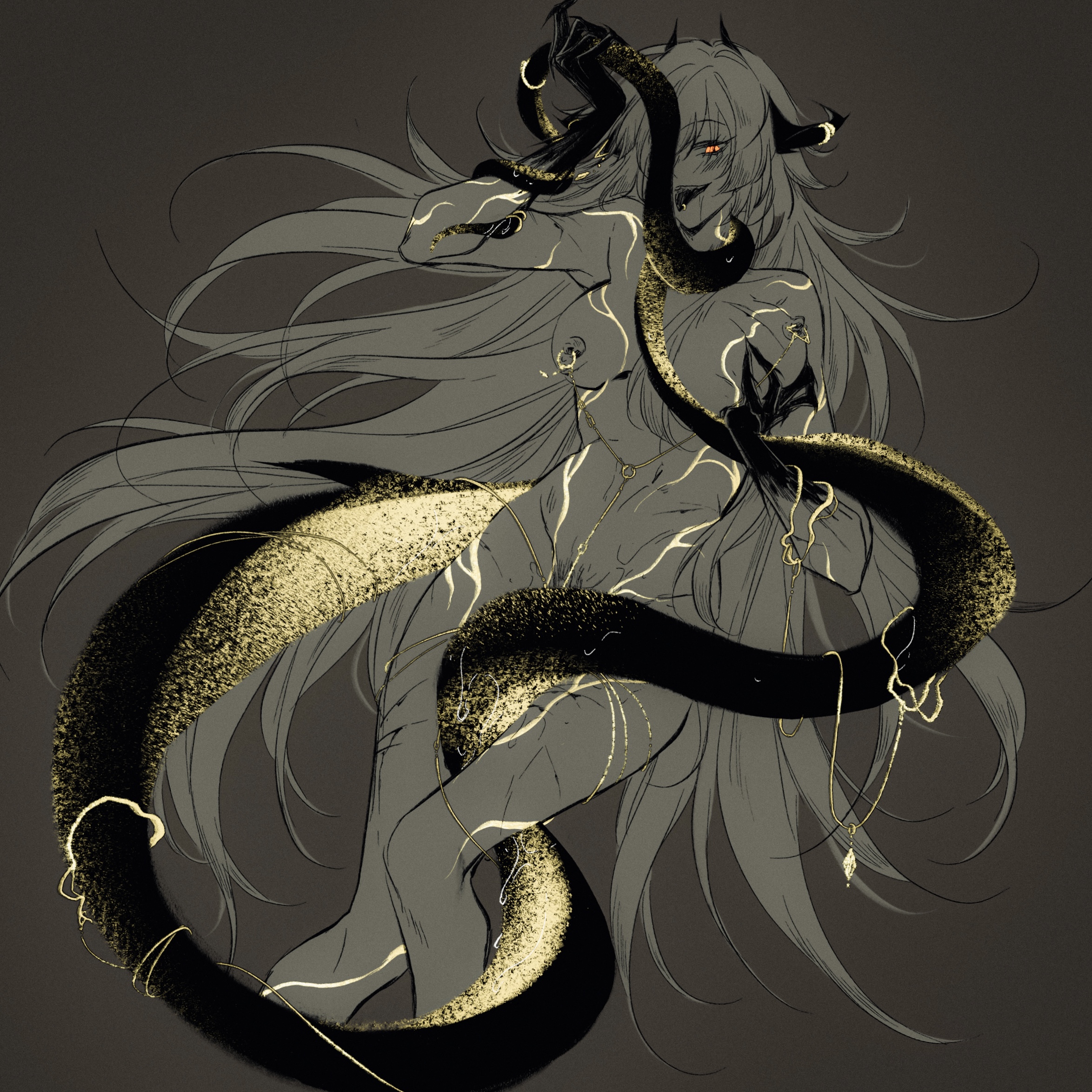 mitsukyou, synex (path to nowhere), path to nowhere, commentary, english commentary, highres, 1girl, completely nude, cropped legs, horns, long hair, looking at viewer, nipple piercing, nude, piercing, scar, solo, spot color, tail, tongue, tongue out, very long hair