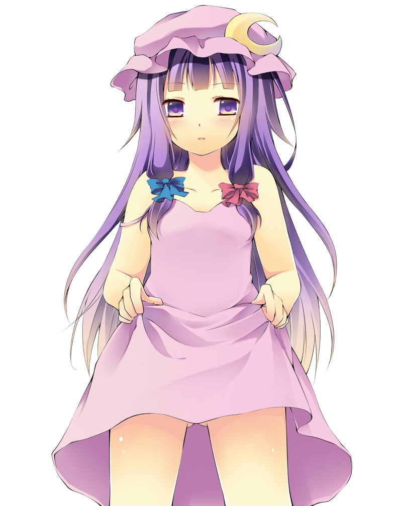 cresc-dol, patchouli knowledge, touhou, bad id, bad pixiv id, 1girl, blue ribbon, blunt bangs, blush, clothes lift, collarbone, cowboy shot, crescent, crescent hair ornament, dress, dress lift, female focus, hair ornament, hair ribbon, hat, legs, lifting own clothes, long hair, looking at viewer, mob cap, no panties, purple eyes, purple hair, red ribbon, ribbon, simple background, solo, standing, strap slip, tress ribbon, white background