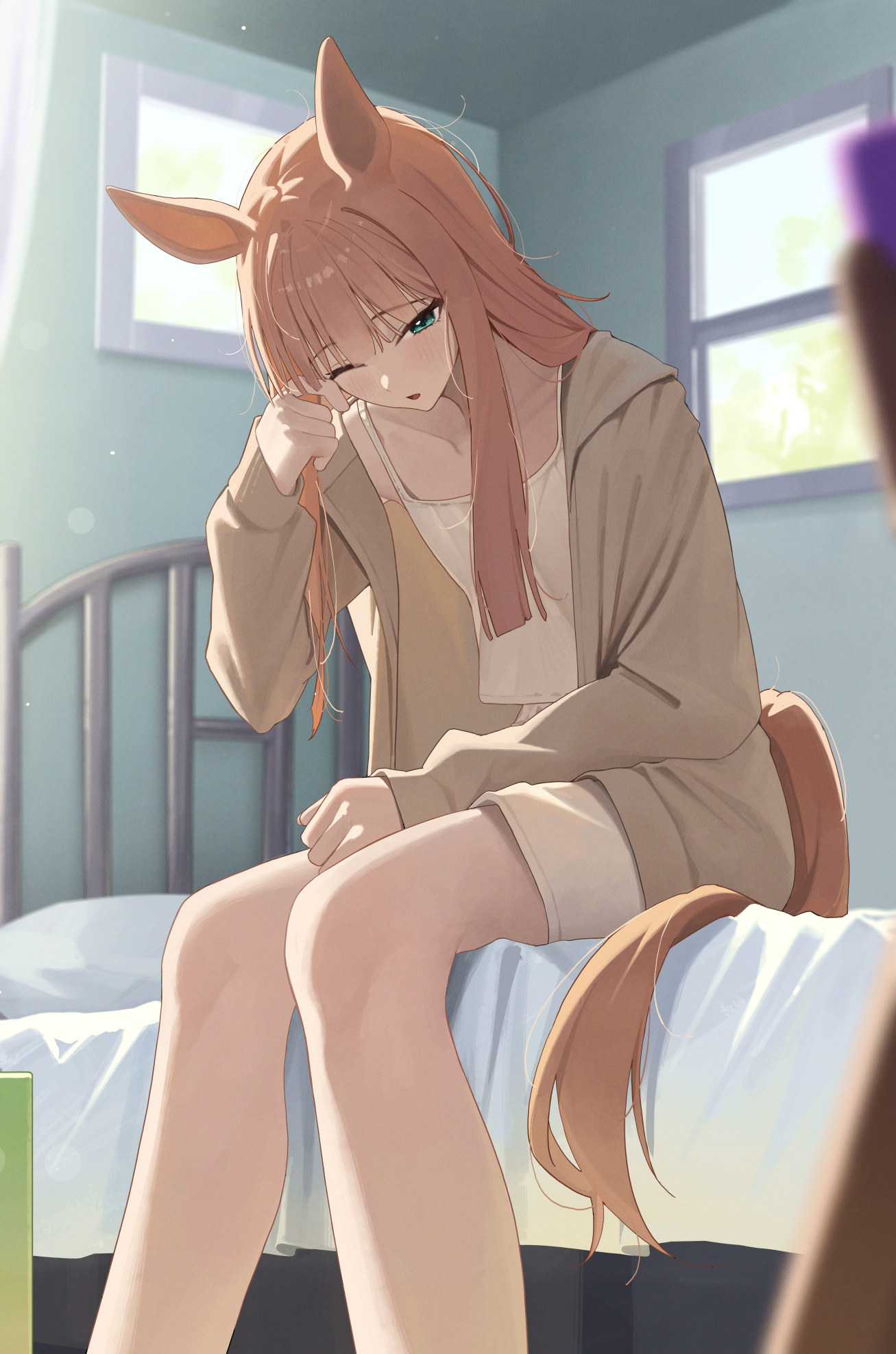 ningen gokko, silence suzuka (umamusume), umamusume, commentary request, highres, 1girl, animal ears, blush, brown jacket, green eyes, horse ears, horse girl, horse tail, jacket, long hair, on bed, open mouth, orange hair, rubbing eyes, shorts, sidelocks, sitting, solo, tail, tank top, white shorts, white tank top