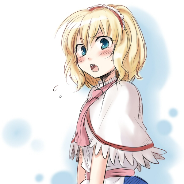 mokku, alice margatroid, touhou, 1girl, blonde hair, blue eyes, blush, capelet, female focus, flying sweatdrops, hairband, looking at viewer, open mouth, short hair, solo, upper body