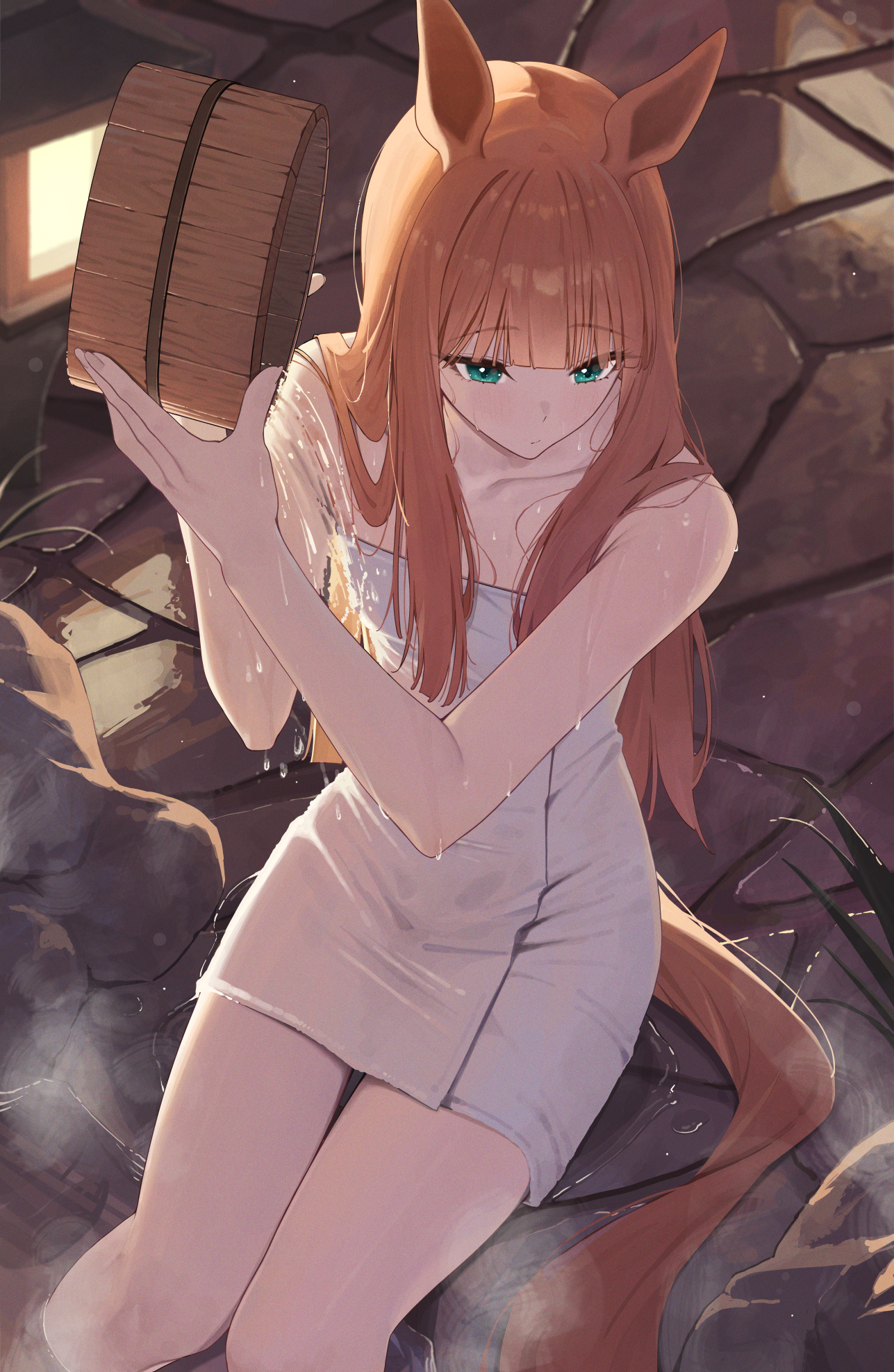 ningen gokko, silence suzuka (umamusume), umamusume, commentary request, highres, 1girl, animal ears, blue eyes, blush, breasts, bucket, closed mouth, holding, holding bucket, horse ears, horse girl, horse tail, long hair, looking at viewer, naked towel, onsen, orange hair, sidelocks, sitting, small breasts, solo, tail, towel