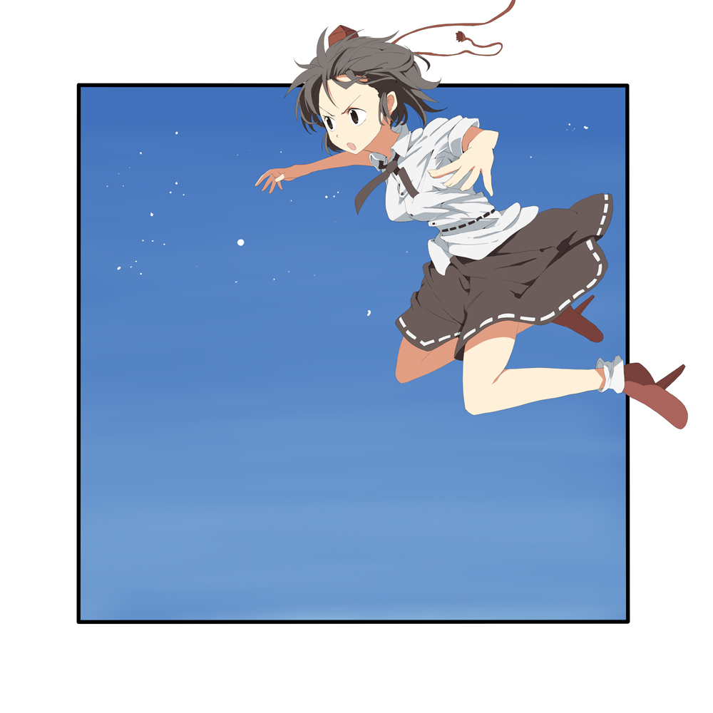 mieharu, shameimaru aya, touhou, looking away, >:o, 1girl, :o, black eyes, black hair, female focus, flying, geta, hat, open mouth, outstretched arms, serious, solo, spread arms, tengu-geta, v-shaped eyebrows