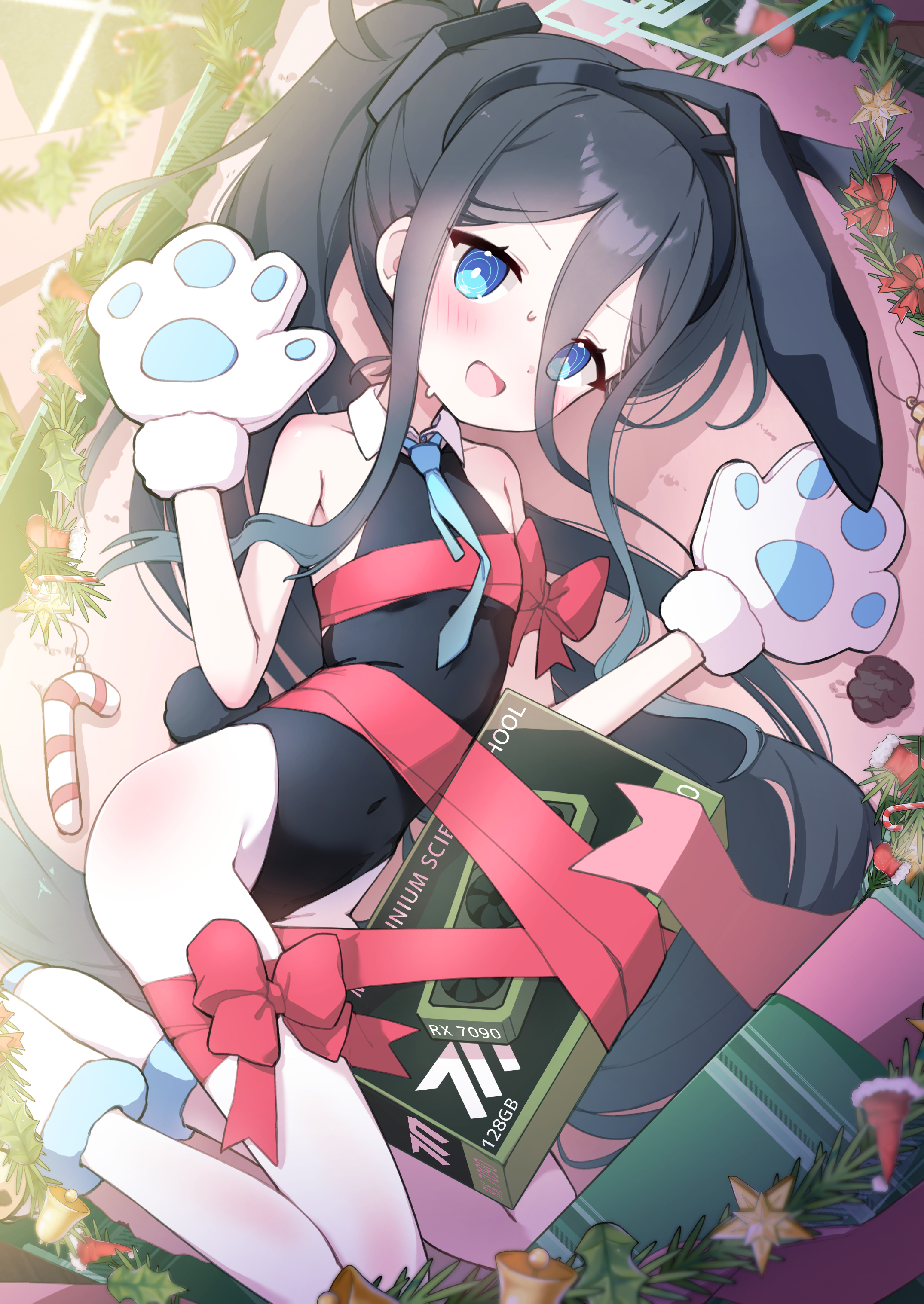 kurana (atlas), aris (blue archive), blue archive, absurdres, commentary, highres, 1girl, animal ears, animal hands, black hair, black leotard, blue eyes, blue necktie, blush, gloves, halo, leotard, long hair, necktie, paw gloves, rabbit ears, ribbon, solo, very long hair