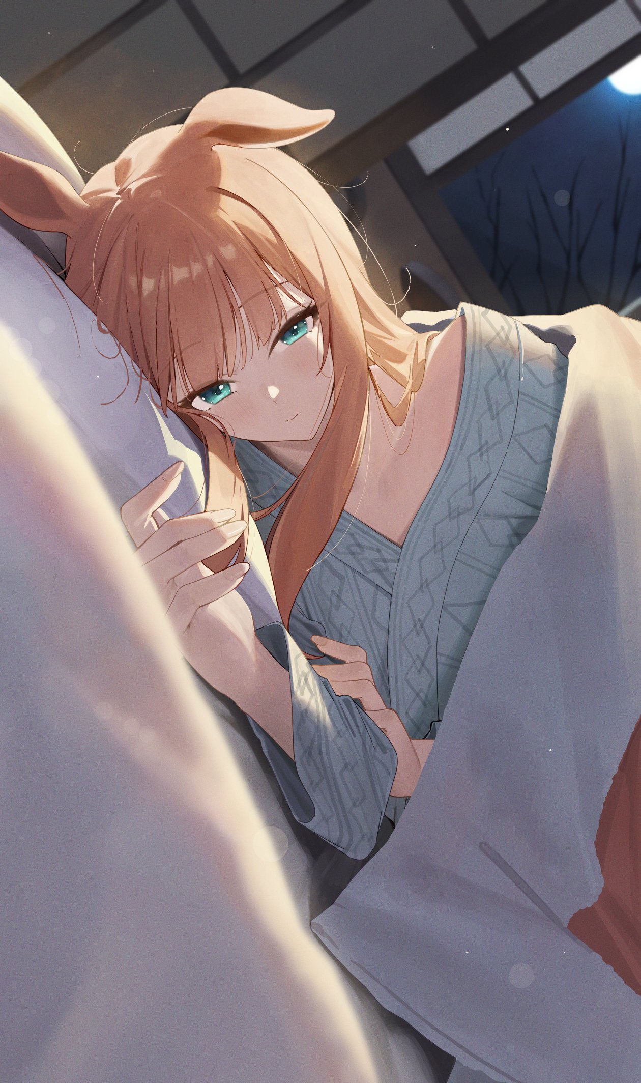 ningen gokko, silence suzuka (umamusume), umamusume, commentary request, highres, 1girl, animal ears, bath yukata, blanket, blue eyes, closed mouth, futon, green eyes, grey kimono, horse ears, horse girl, japanese clothes, kimono, long hair, long sleeves, looking at viewer, lying, moon, night, on side, orange hair, pillow, smile, solo, under covers, window, yukata