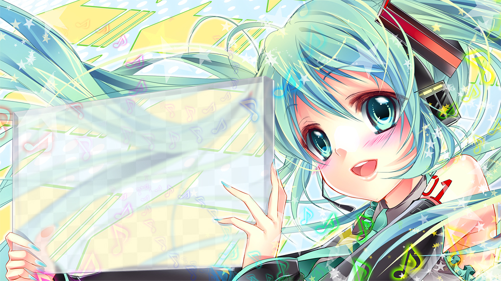 yu (bkks), hatsune miku, vocaloid, bad id, bad pixiv id, 1girl, aqua eyes, aqua hair, aqua nails, blush, detached sleeves, female focus, headphones, headset, long hair, musical note, nail polish, necktie, smile, solo, twintails