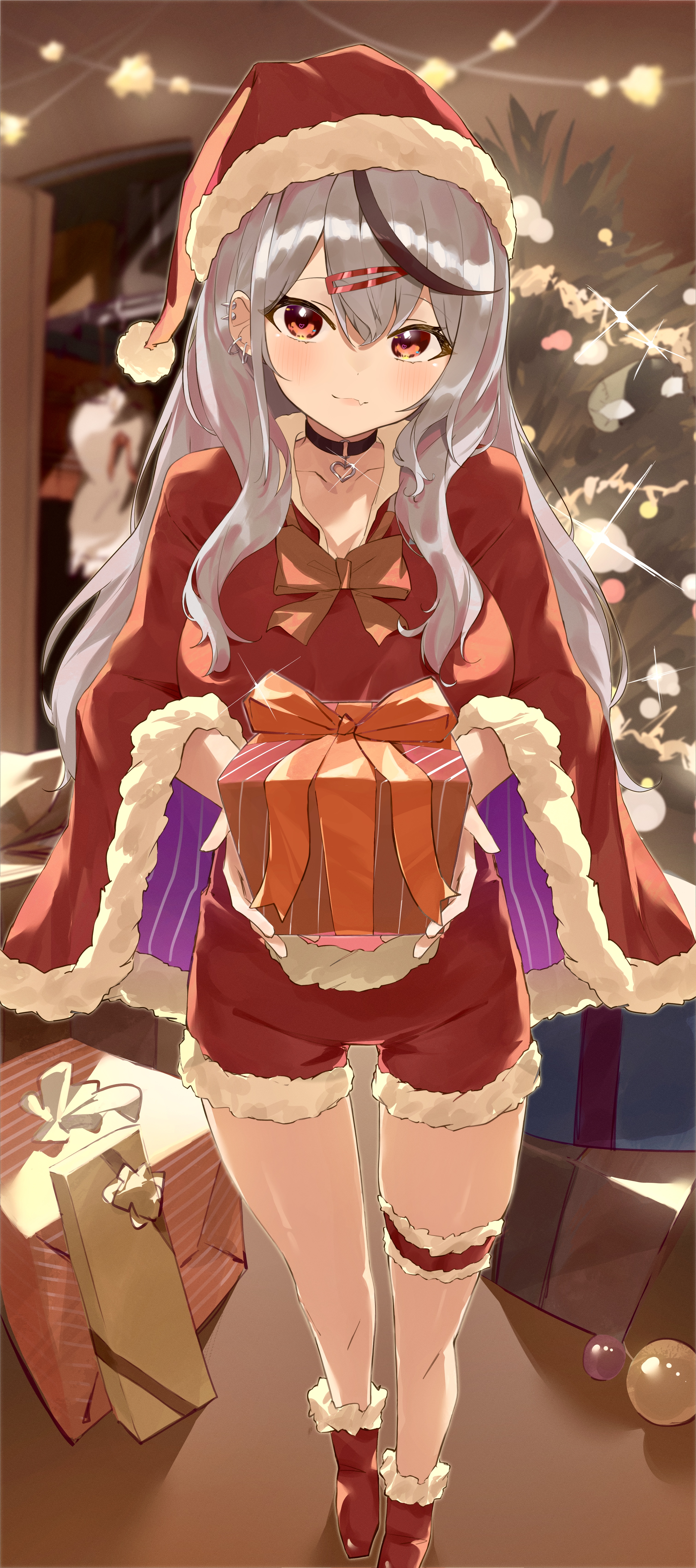 nema 029, sakamata chloe, hololive, absurdres, commentary, highres, symbol-only commentary, alternate costume, black hair, bow, breasts, choker, christmas, christmas tree, collarbone, ear piercing, fang, frills, fur-trimmed headwear, fur-trimmed shoes, fur trim, grey hair, hair between eyes, heart, heart choker, incoming gift, indoors, large breasts, legband, light blush, long hair, looking at viewer, multicolored hair, piercing, pov, red bow, red eyes, red shoes, santa costume, shoes, skin fang, virtual youtuber, wide sleeves