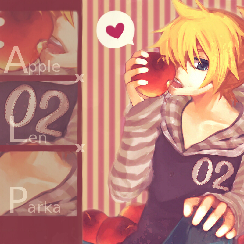 mukkun, kagamine len, vocaloid, 1boy, apple, aqua eyes, blonde hair, casual, food, fruit, hair over one eye, heart, holding, holding food, holding fruit, hood, hoodie, male focus, parka, short hair, smile, solo