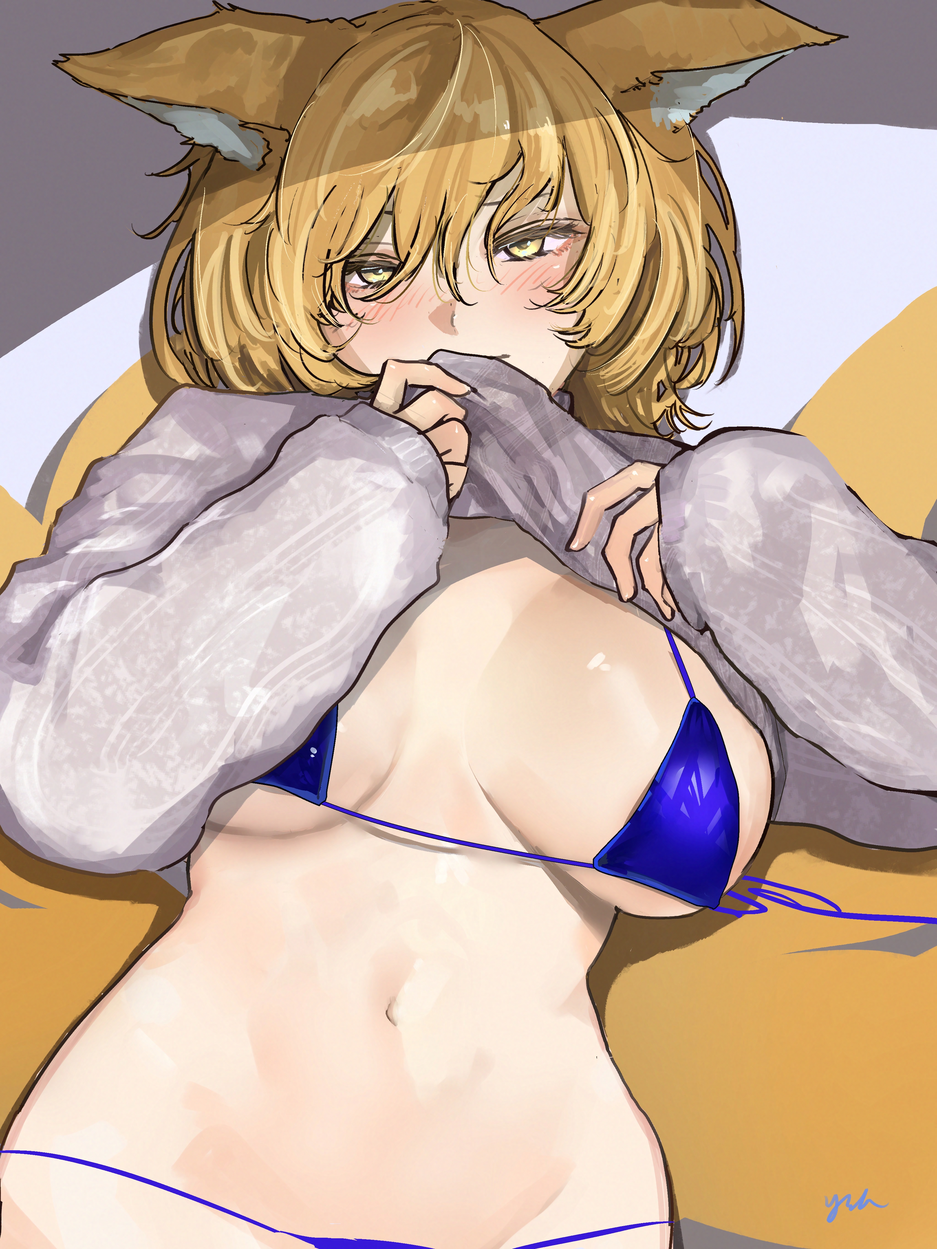 eneshi, yakumo ran, touhou, absurdres, commentary request, highres, partial commentary, 1girl, animal ears, bikini, bikini under clothes, blonde hair, blue bikini, blush, breasts, breasts apart, clothes lift, fox ears, fox girl, fox tail, grey sweater, large breasts, long sleeves, looking at viewer, navel, short hair, signature, solo, stomach, string bikini, sweater, sweater lift, swimsuit, tail, yellow eyes