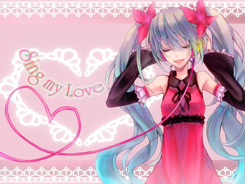 eruria, ri, hatsune miku, sing my love (vocaloid), vocaloid, 1girl, aqua hair, closed eyes, detached sleeves, dress, facing viewer, female focus, flower, frilled sleeves, frills, hair flower, hair ornament, headphones, heart, heart of string, long hair, smile, solo, twintails, very long hair