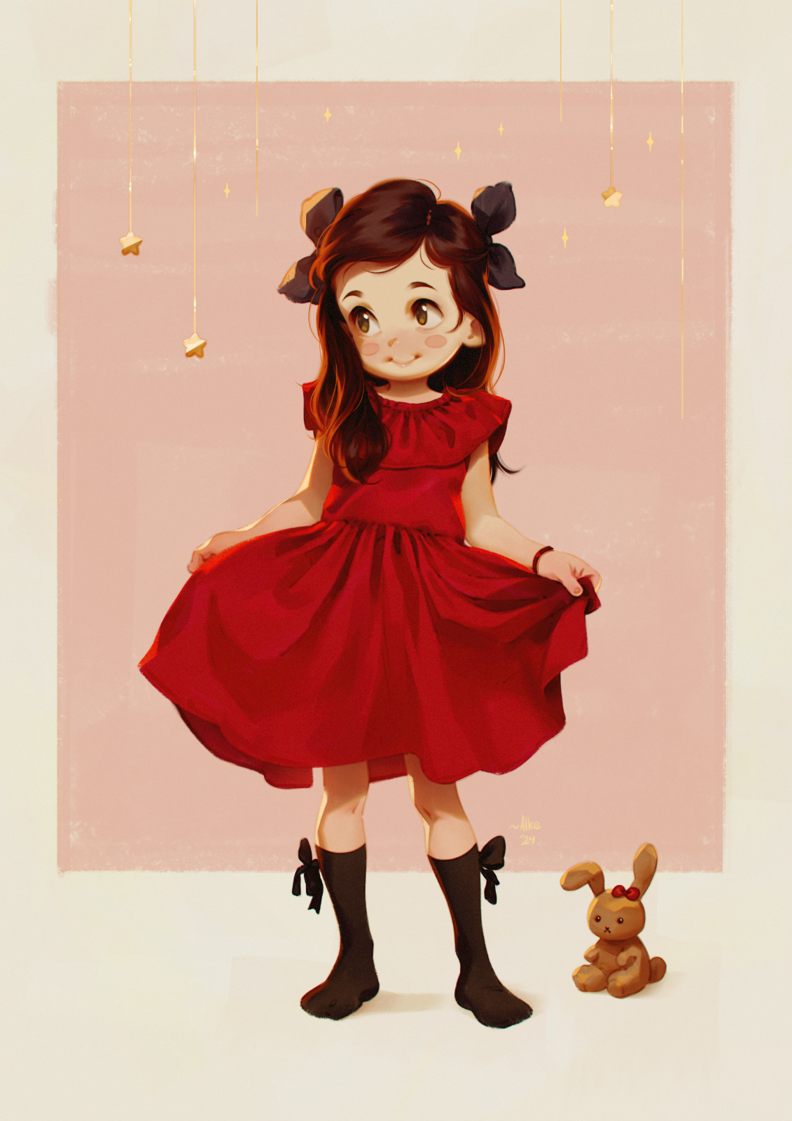 alkemanubis, original, 1girl, 2024, 20s, black bow, black ribbon, black socks, blush, blush stickers, bow, bow legwear, bracelet, brown eyes, brown hair, christmas, clothes lift, dress, dress lift, hair ribbon, jewelry, kneehighs, long hair, looking to the side, pink background, red dress, ribbon, sleeveless, sleeveless dress, smile, socks, sparkle, standing, star (symbol), stuffed animal, stuffed rabbit, stuffed toy