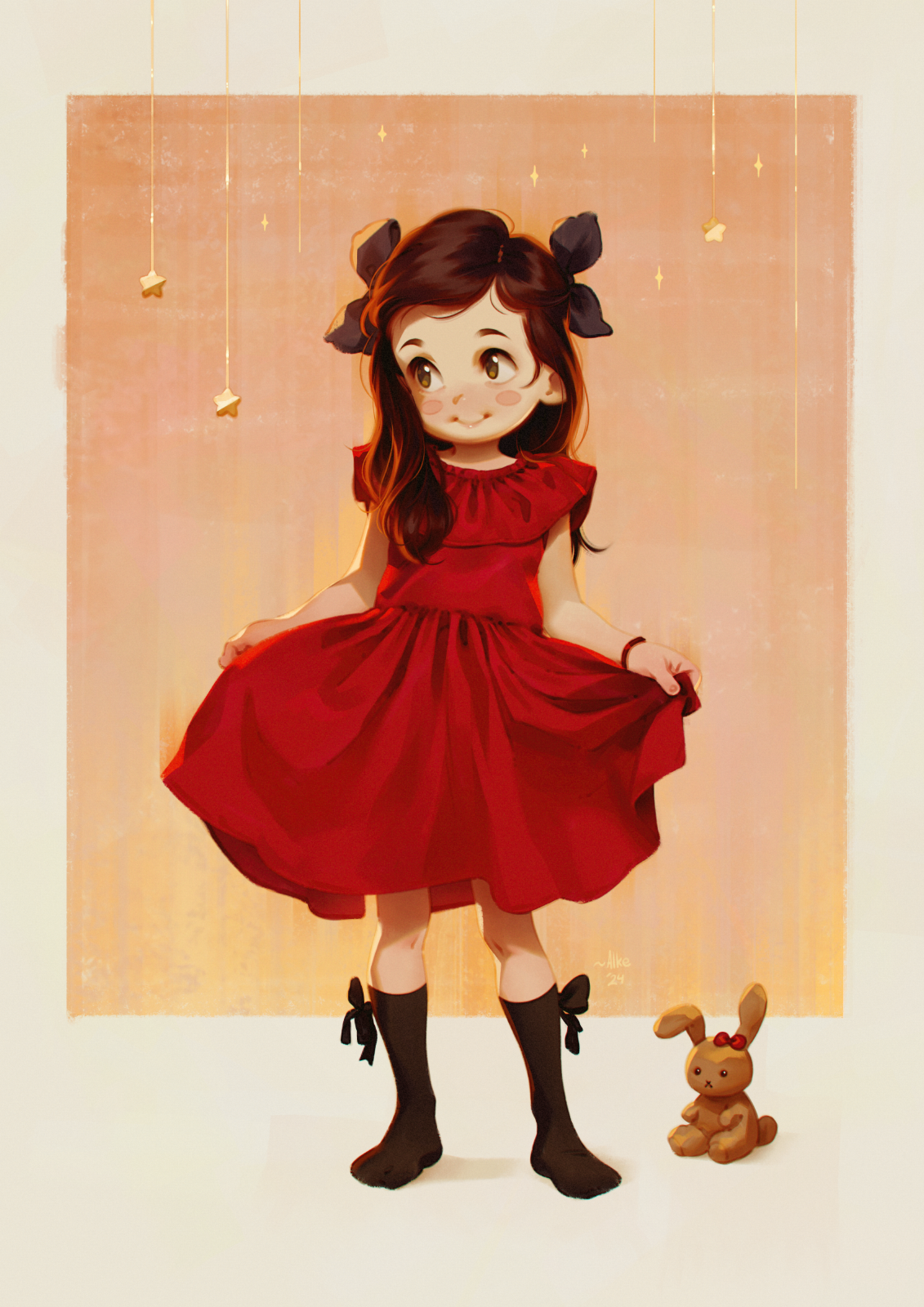 alkemanubis, original, 1girl, 2024, 20s, black bow, black ribbon, black socks, blush, blush stickers, bow, bow legwear, bracelet, brown eyes, brown hair, christmas, clothes lift, dress, dress lift, hair ribbon, jewelry, kneehighs, long hair, looking to the side, orange background, red dress, ribbon, sleeveless, sleeveless dress, smile, socks, sparkle, standing, star (symbol), stuffed animal, stuffed rabbit, stuffed toy