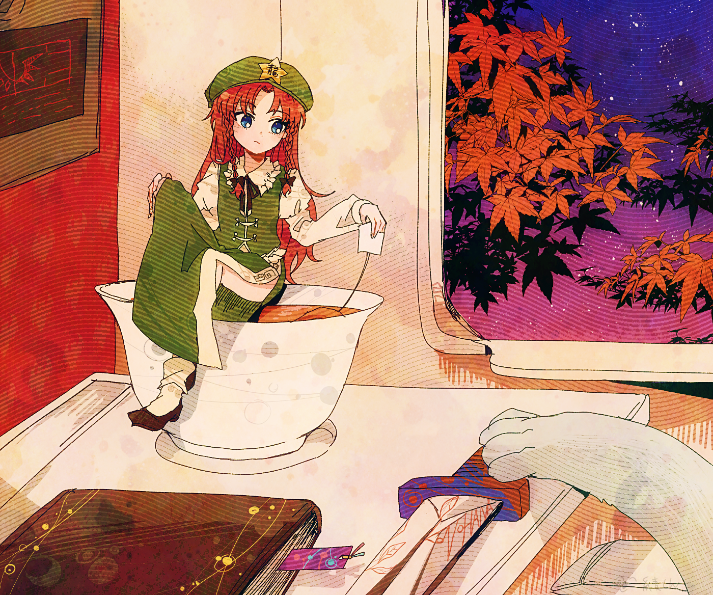 itomugi-kun, hong meiling, touhou, commentary request, 1girl, book, cat, clothes lift, cup, green hat, green skirt, green vest, hat, knife, long skirt, looking down, mini person, minigirl, night, red hair, sitting, skirt, skirt lift, solo, tea, vest, window