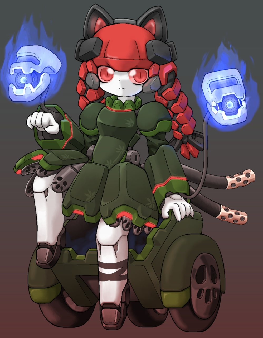 kitsuan, kaenbyou rin, medarot, touhou, highres, 1girl, animal ears, braid, cat ears, cat girl, cat tail, female focus, mechanization, mechanized, multiple tails, red eyes, red hair, ribbon, short hair, solo, tail, twin braids, twintails