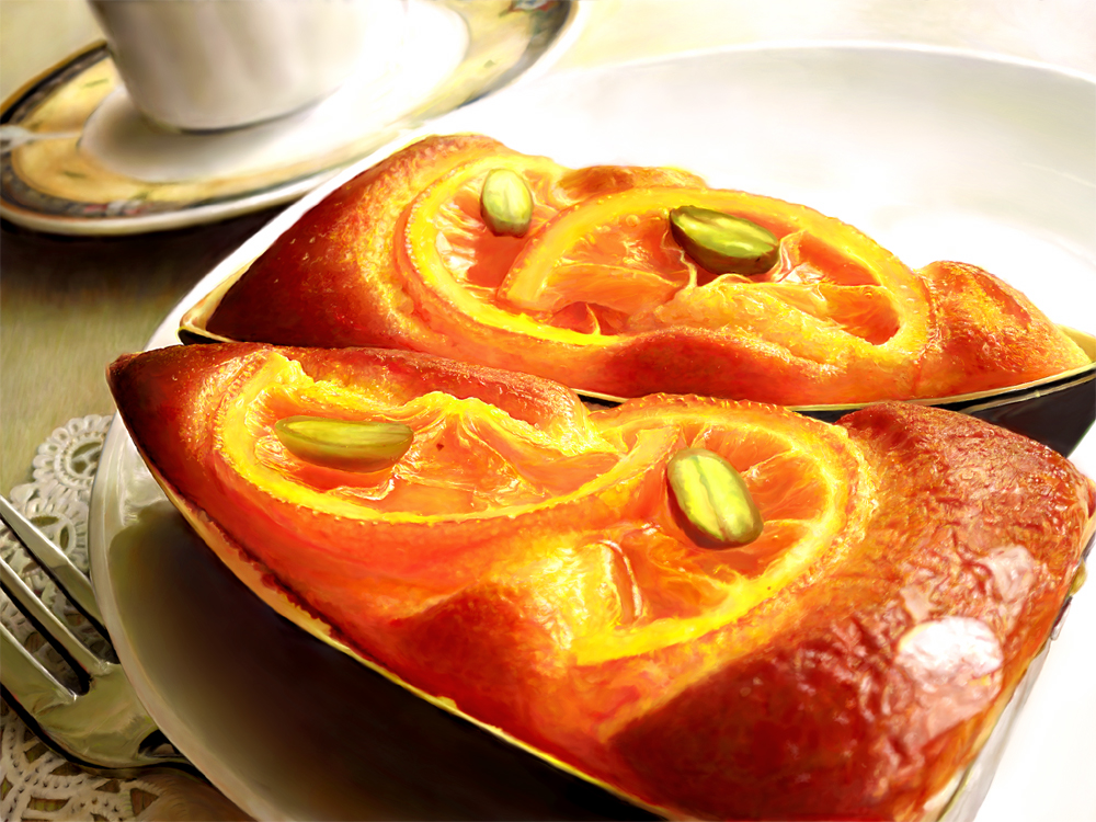 usatan (artist), food, food focus, fork, fruit, no humans, orange (fruit), photorealistic, plate, realistic, still life