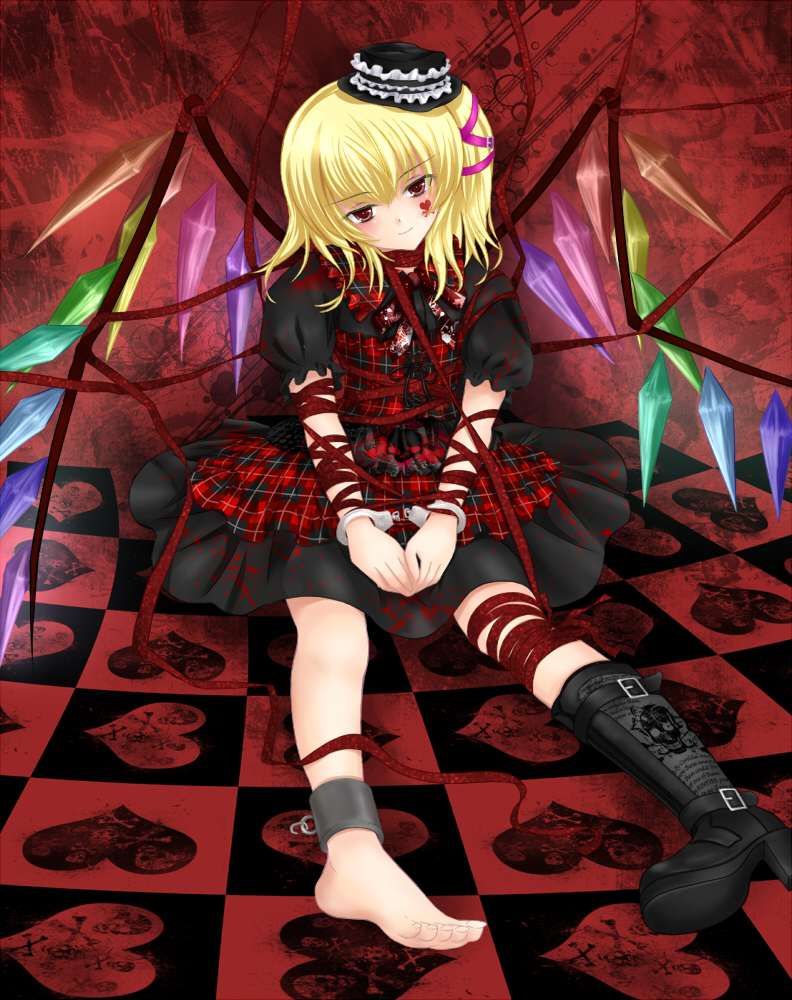 nekokotei, flandre scarlet, touhou, bad id, bad pixiv id, 1girl, ankle cuffs, barefoot, blonde hair, cuffs, feet, female focus, foreshortening, handcuffs, hat, legs, ponytail, red eyes, shoes, short hair, side ponytail, single shoe, solo, wings