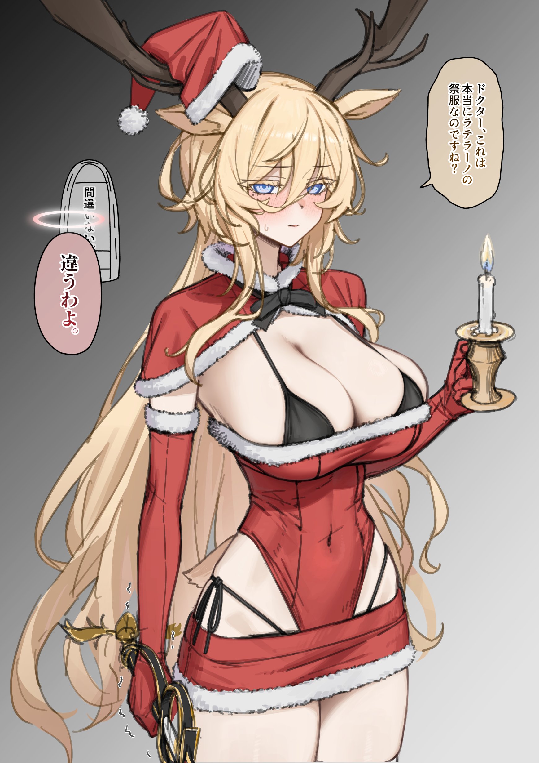 allen.n, viviana (arknights), arknights, absurdres, highres, 1girl, animal ears, antlers, bikini, bikini under clothes, black bikini, blonde hair, breasts, candlestand, covered navel, deer ears, elbow gloves, gloves, half-closed eyes, hat, holding, holding candlestand, holding sword, holding weapon, horns, large breasts, long hair, miniskirt, narrow waist, red gloves, reindeer antlers, santa costume, santa hat, skirt, solo, swimsuit, sword, very long hair, weapon