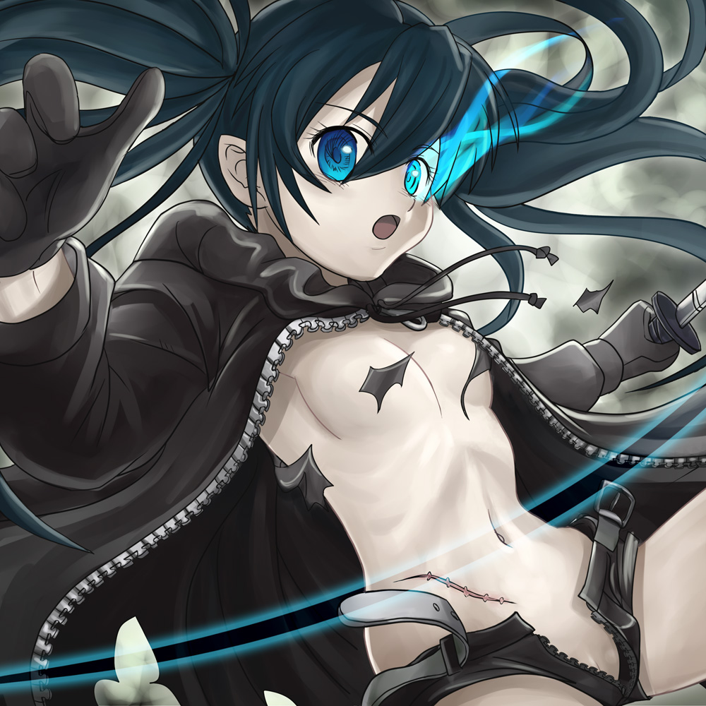 hamoto, black rock shooter (character), black rock shooter, bad id, bad pixiv id, 10s, 1girl, belt, blue eyes, breasts, censored, censored nipples, convenient censoring, female focus, gloves, glowing, glowing eyes, jacket, navel, no panties, open clothes, open fly, open shorts, pussy, pussy peek, scar, shorts, small breasts, solo, topless female, twintails, unzipped