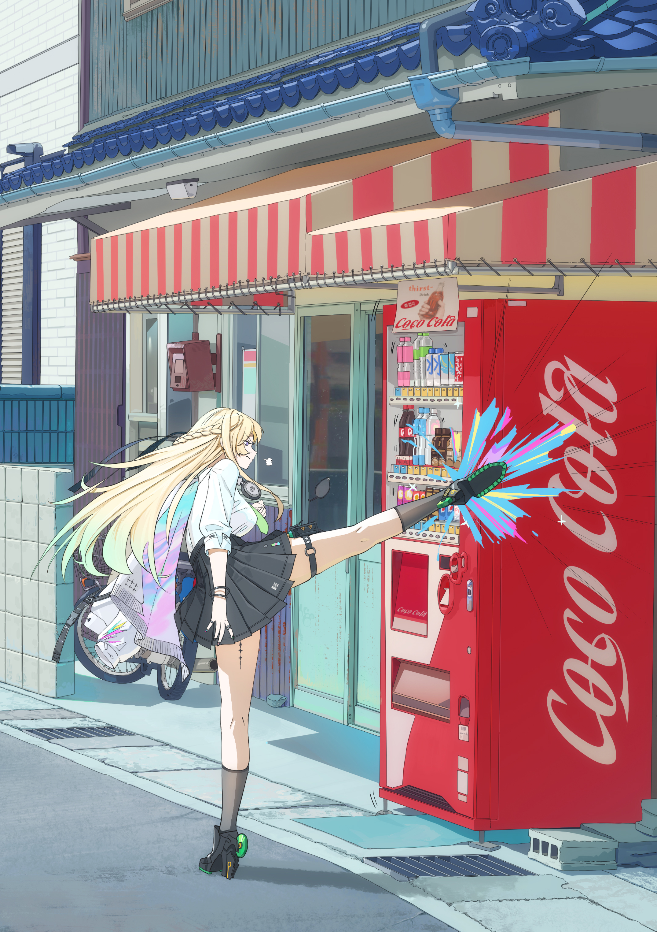 midfinger, lynae (wuthering waves), coca-cola, wuthering waves, absurdres, commentary, hashtag-only commentary, highres, 1girl, black shoes, black skirt, black socks, blonde hair, braid, breasts, day, green necktie, kicking, kneepits, large breasts, long hair, necktie, outdoors, pleated skirt, road, shirt, shirt tucked in, shoes, skirt, socks, solo, standing, standing on one leg, street, tacet mark (wuthering waves), thigh strap, vending machine, white shirt