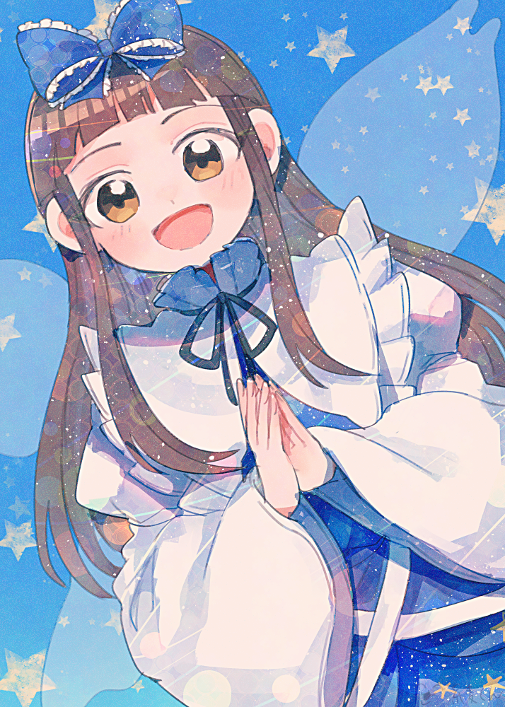 itomugi-kun, star sapphire, touhou, commentary request, 1girl, blue dress, blunt bangs, brown hair, collared dress, dress, dutch angle, fairy wings, long hair, looking at viewer, open mouth, solo, star (symbol), star print, wide sleeves, wings