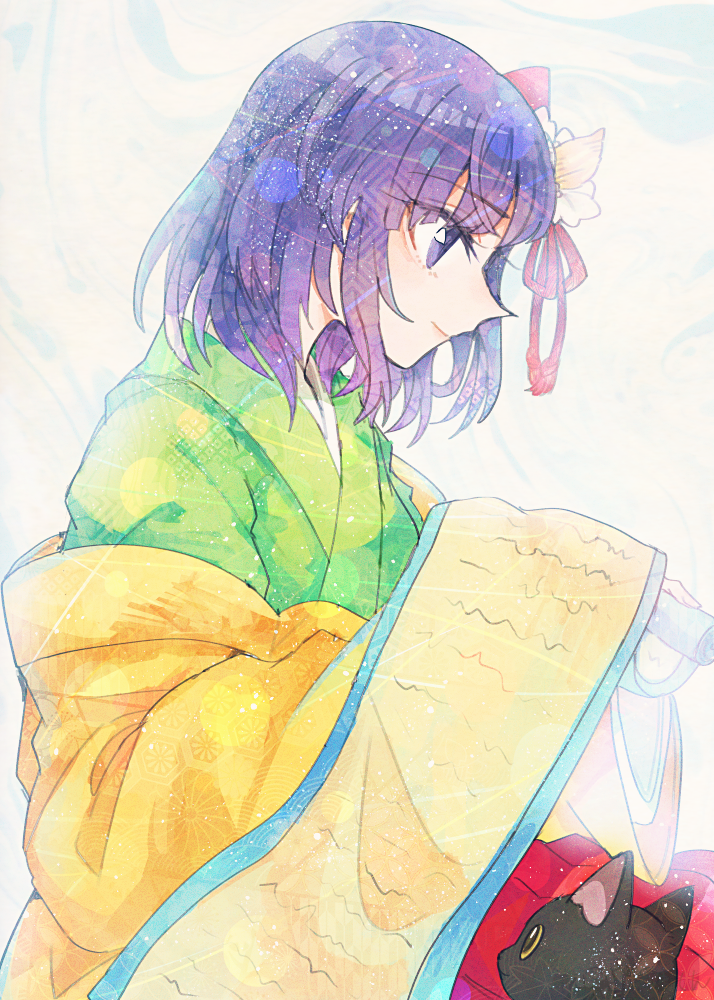 itomugi-kun, hieda no akyuu, touhou, commentary request, 1girl, cat, flower, green kimono, hair flower, hair ornament, holding, japanese clothes, kimono, long skirt, purple eyes, purple hair, red skirt, short hair, skirt, smile, solo, wide sleeves, yellow kimono