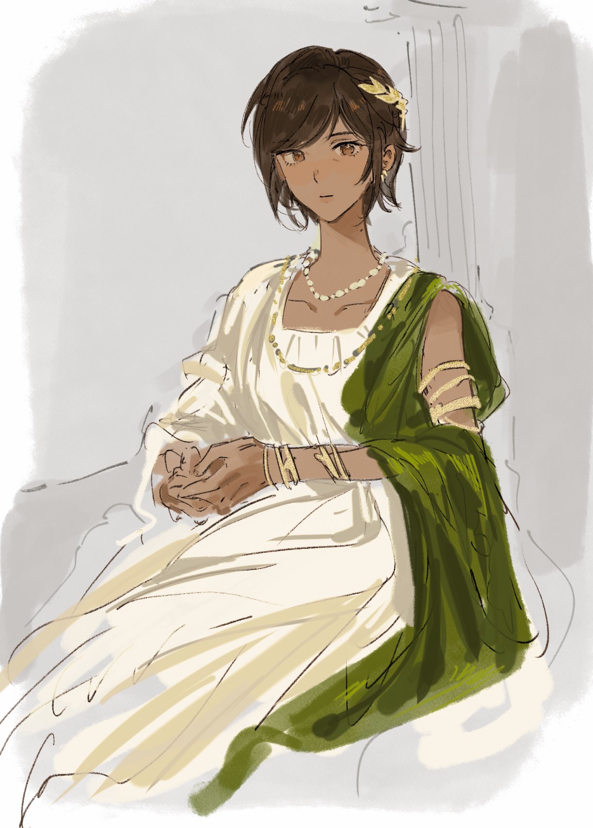 outis (project moon), limbus company, project moon, commentary, highres, symbol-only commentary, 1girl, alternate costume, ancient greek clothes, armlet, bracelet, brown eyes, brown hair, closed mouth, dress, greco-roman clothes, jewelry, laurel crown, looking at viewer, necklace, pillar, sitting, smile, solo, strawbutann, white dress