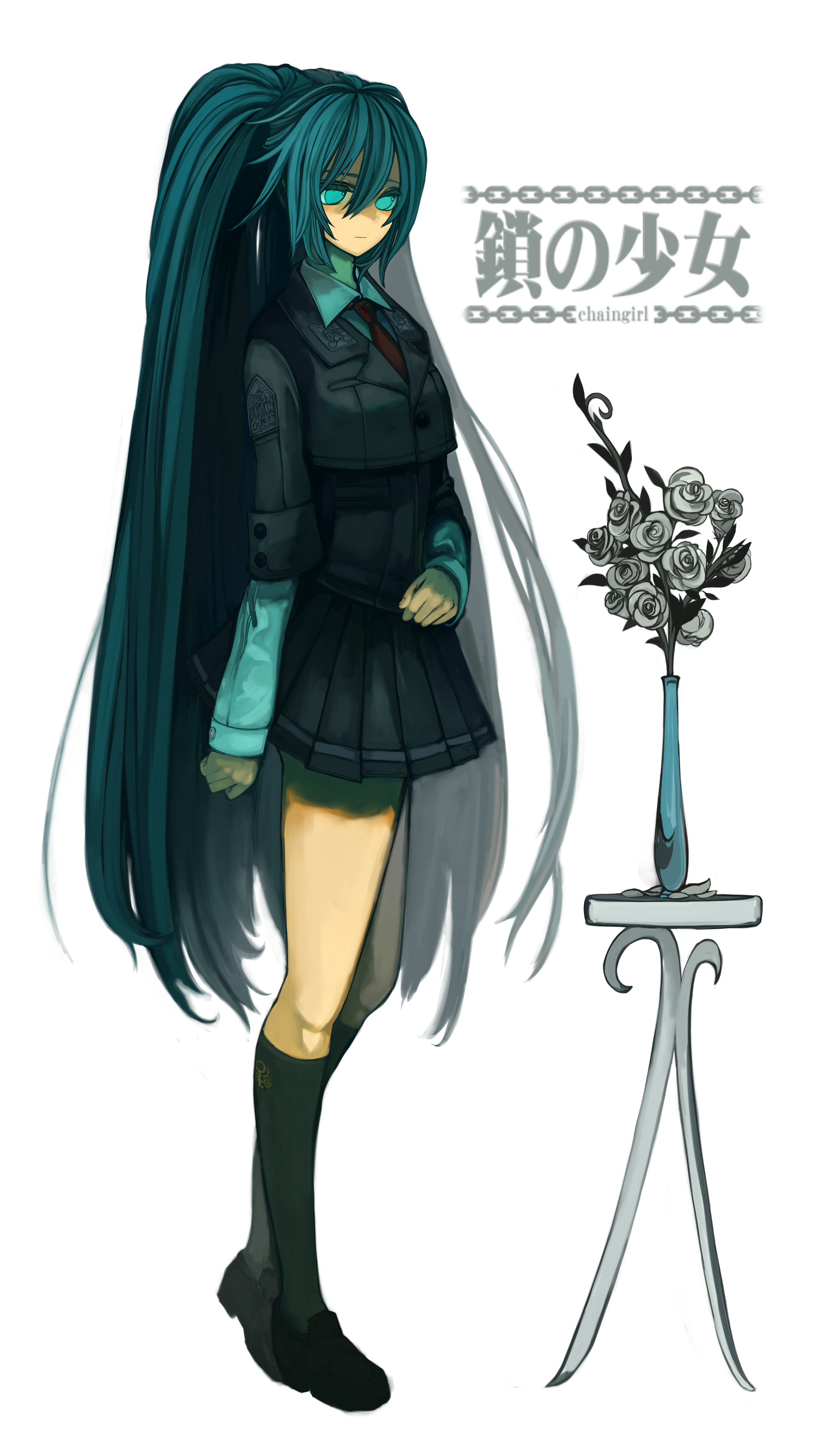 ukai saki, hatsune miku, kusari no shoujo (vocaloid), vocaloid, absurdres, highres, 1girl, alternate costume, aqua eyes, aqua hair, black socks, female focus, flower, flower pot, full body, jacket, long hair, necktie, red necktie, simple background, skirt, socks, solo, song name, twintails, very long hair, white background