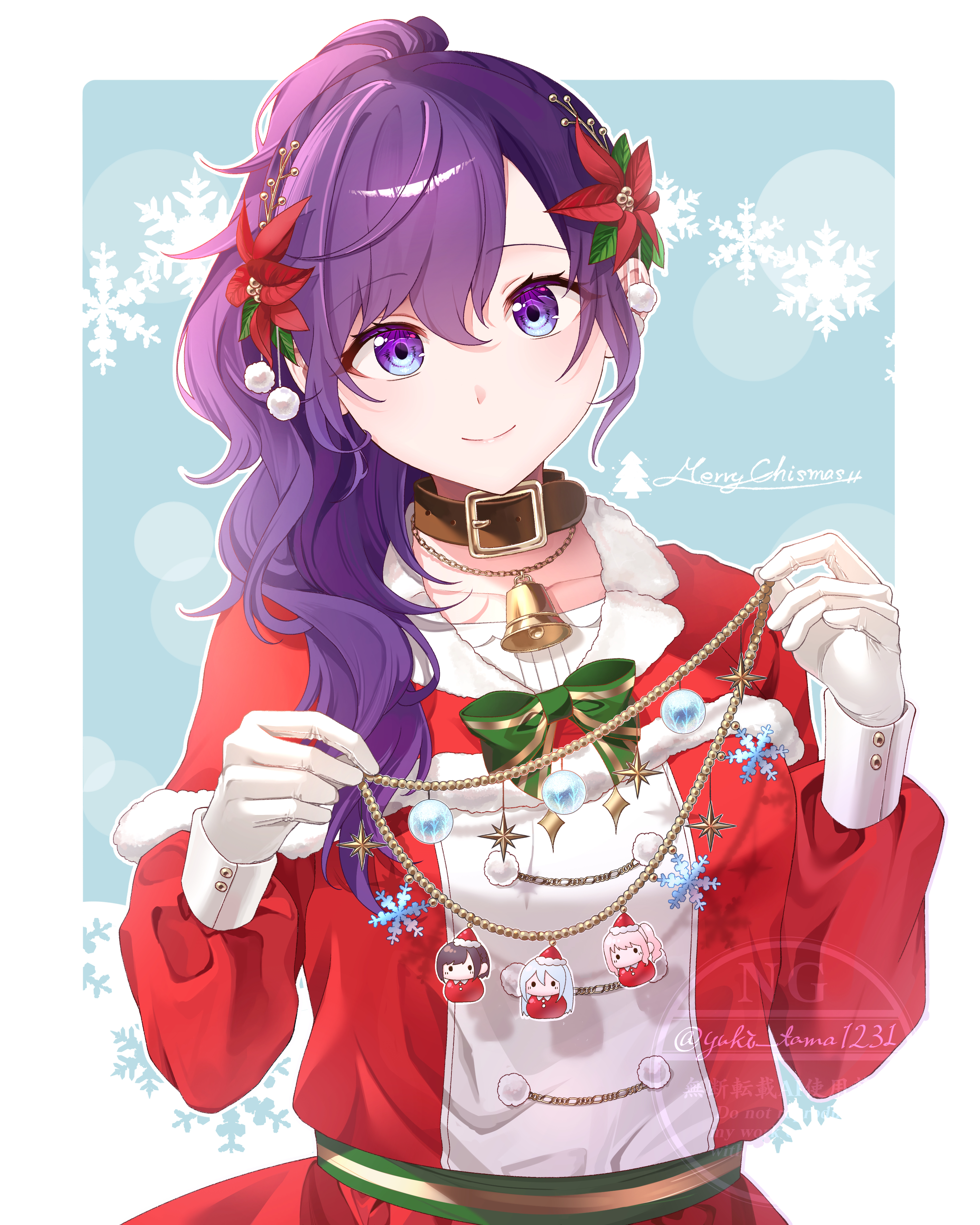 yuki tama1231, akiyama mizuki, asahina mafuyu, shinonome ena, yoisaki kanade, 25-ji nightcord de. (project sekai), project sekai, vocaloid, absurdres, commentary request, highres, 1girl, bell, belt collar, capelet, choker, closed mouth, collar, collarbone, dress, flower, fur-trimmed capelet, fur-trimmed dress, fur trim, gloves, hair between eyes, hair flower, hair ornament, holding, long hair, merry christmas, neck bell, ponytail, purple eyes, purple hair, red capelet, red dress, smile, snowflakes, upper body, watermark, white gloves