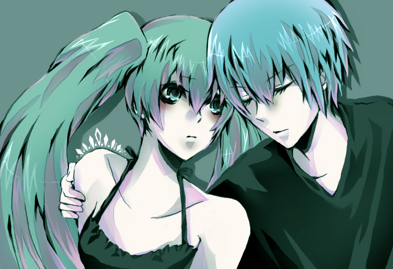 tsutaya, hatsune miku, kaito (vocaloid), acute (vocaloid), vocaloid, bad id, bad pixiv id, 1boy, 1girl, aqua eyes, aqua hair, blue hair, closed eyes, couple, hetero, long hair, twintails