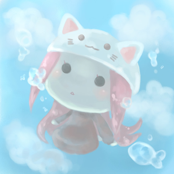 chatarou, tyatarou, megurine luka, megurine luka (toeto), toeto (vocaloid), vocaloid, 1girl, animal hat, cat hat, chibi, female focus, hat, kitty hat, solo, underwater