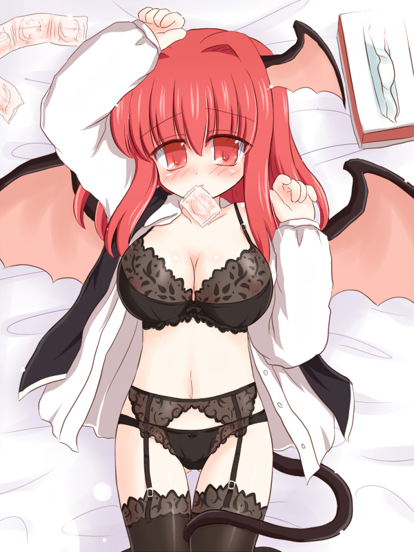 ry (yagoyago), koakuma, embodiment of scarlet devil, touhou, 1girl, bat wings, bed sheet, black bra, black panties, black thighhighs, blush, bra, breasts, cleavage, condom, condom in mouth, female focus, garter belt, head wings, large breasts, lingerie, long hair, lying, mouth hold, navel, open clothes, open shirt, panties, red eyes, red hair, shirt, solo, tail, thighhighs, tissue, tissue box, underwear, wings